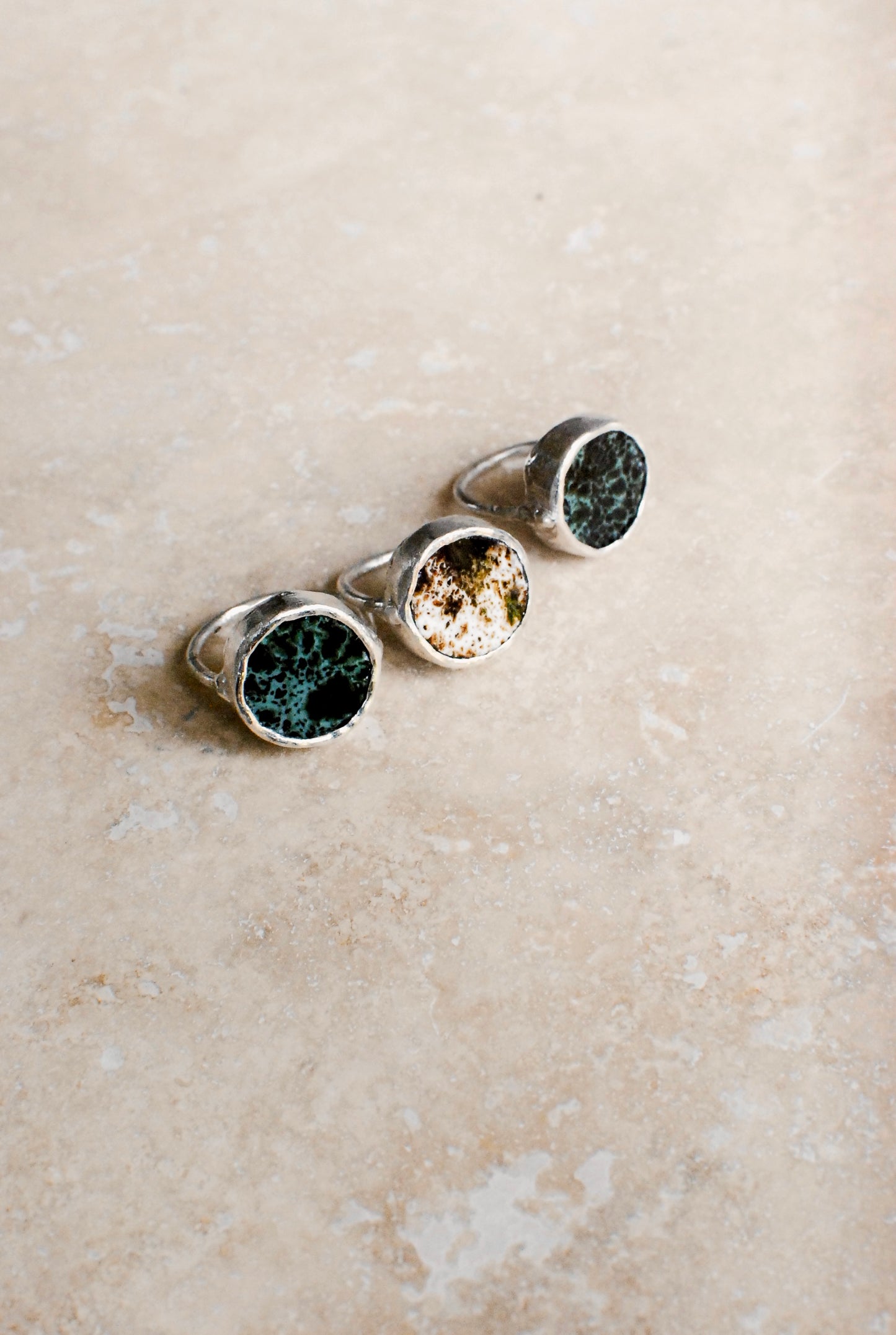 Forest Green & Black Speckled Glaze Reclaimed Stoneware & Solid Silver Wheel Ring