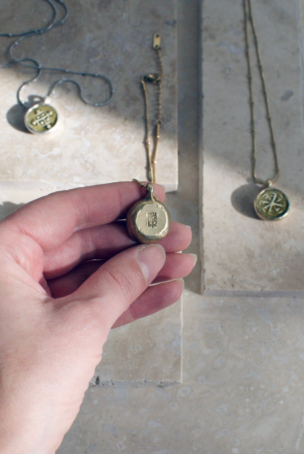 Solid Brass & Reclaimed Amber Glazed Vintage Stoneware ‘Totem Wheel’ Necklace On 14k Gold Plated Chain