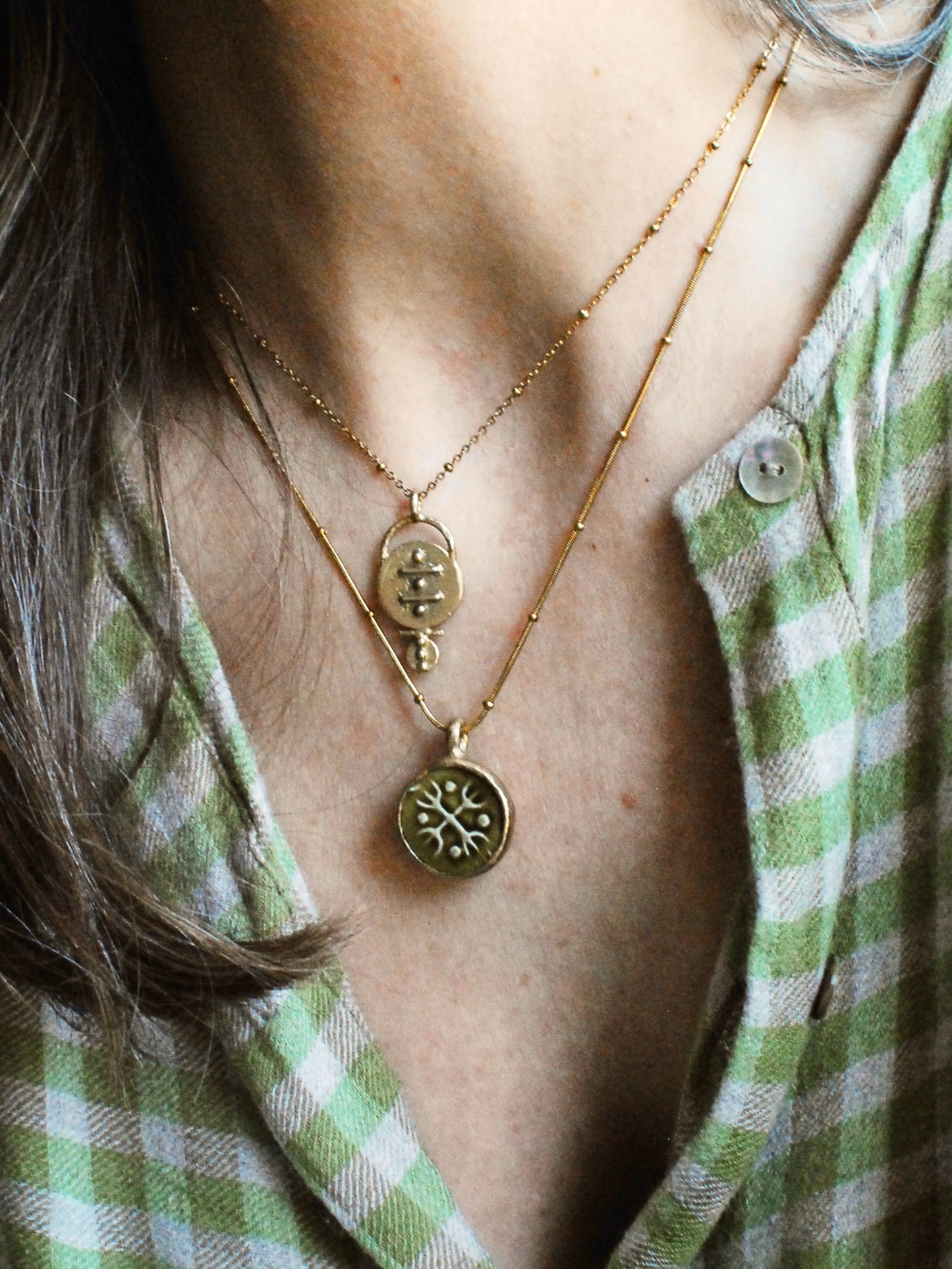 Solid Brass & Reclaimed Amber Glazed Vintage Stoneware ‘Totem Wheel’ Necklace On 14k Gold Plated Chain