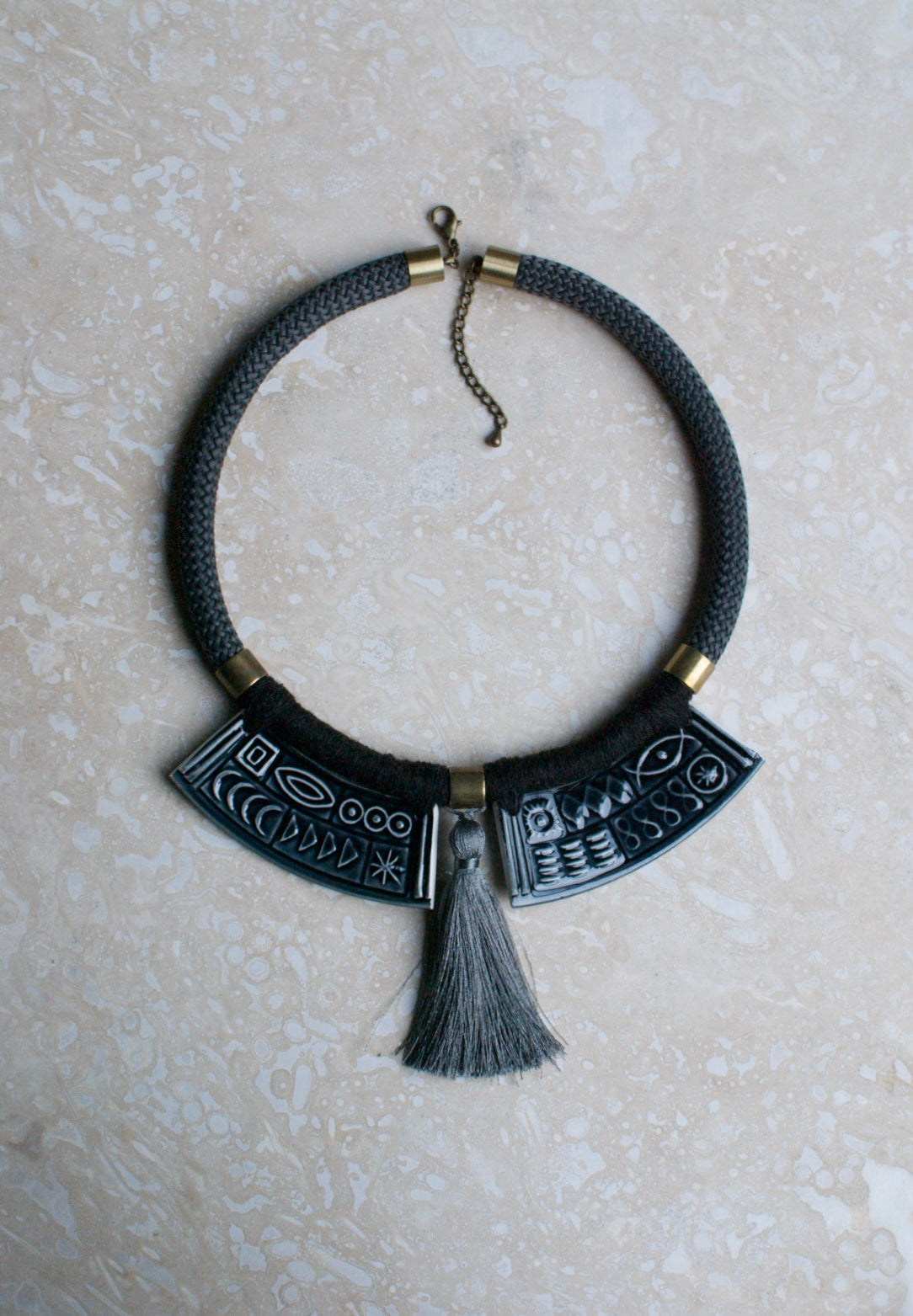 Large vintage ceramic cypher-arch statement neck piece in flint grey glaze.