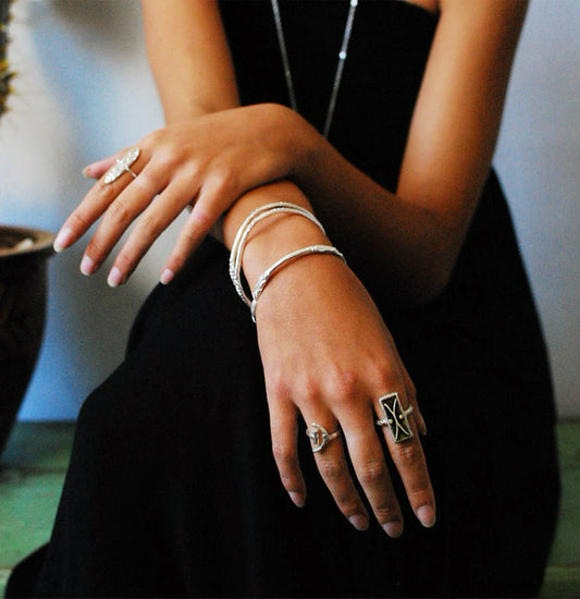 Solid Silver & Vintage Green Moss Glaze Stoneware ‘Cypher’ Ring
