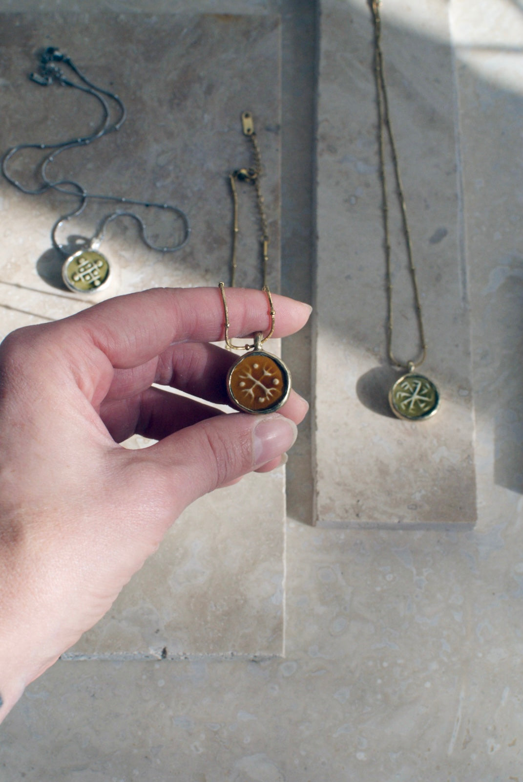 Moss Green Vintage Stoneware & Solid Brass ‘Totem Wheel’ Necklace On 14k Gold Plated Chain