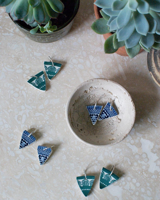 1970's stoneware teal 'Majorelle' earrings on sterling silver hoops.