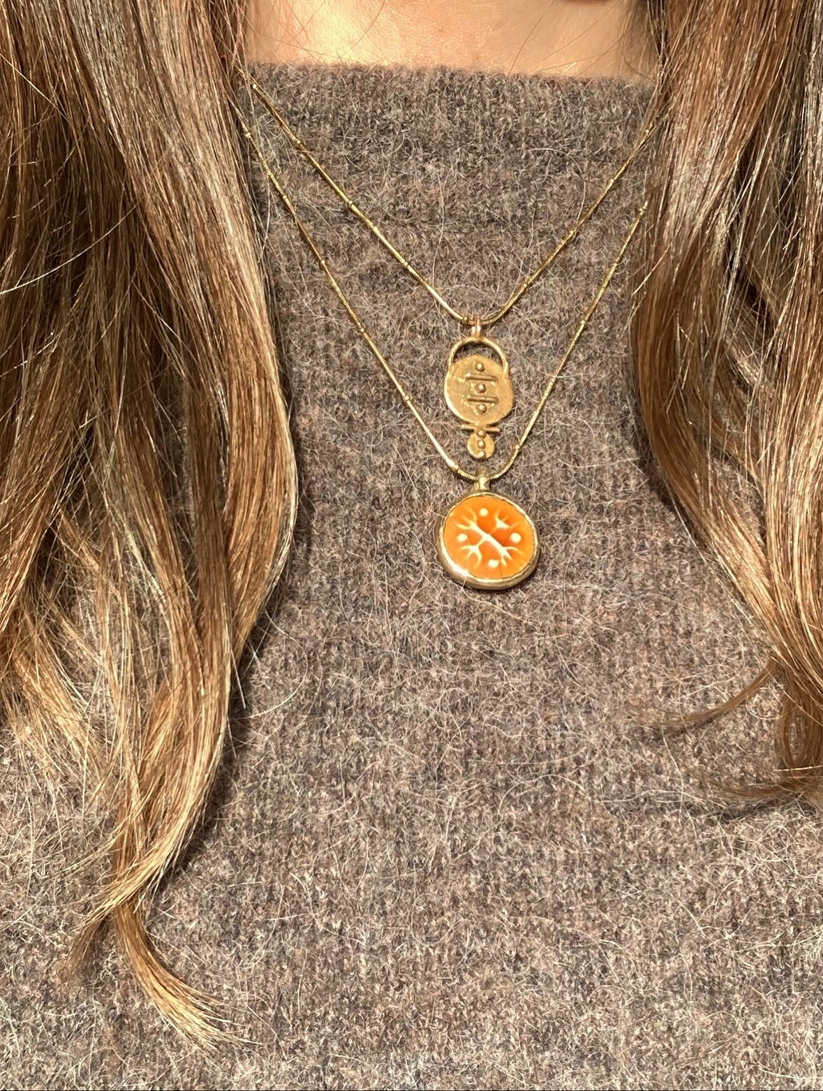Solid Brass & Reclaimed Amber Glazed Vintage Stoneware ‘Totem Wheel’ Necklace On 14k Gold Plated Chain