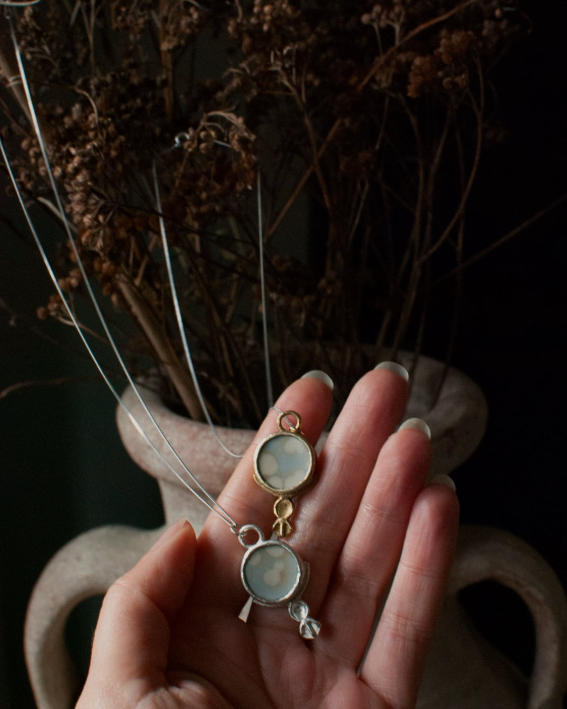 Solid Brass & Reclaimed Cloudy Blue & White Vintage Hornsea ‘Cirrus’ Stoneware Necklace On 14k Gold Plated Chain