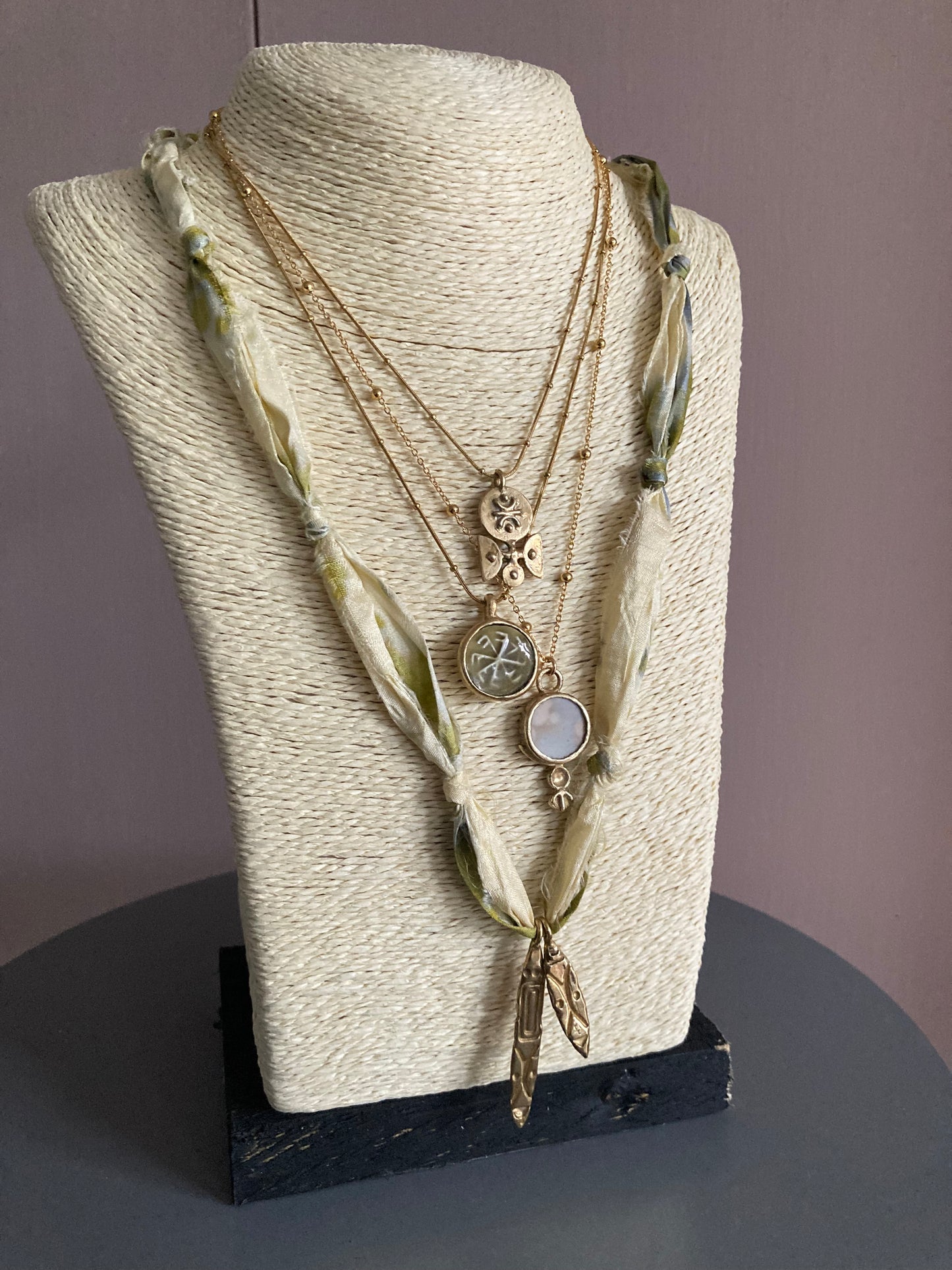 Solid Brass & Reclaimed Amber Glazed Vintage Stoneware ‘Totem Wheel’ Necklace On 14k Gold Plated Chain