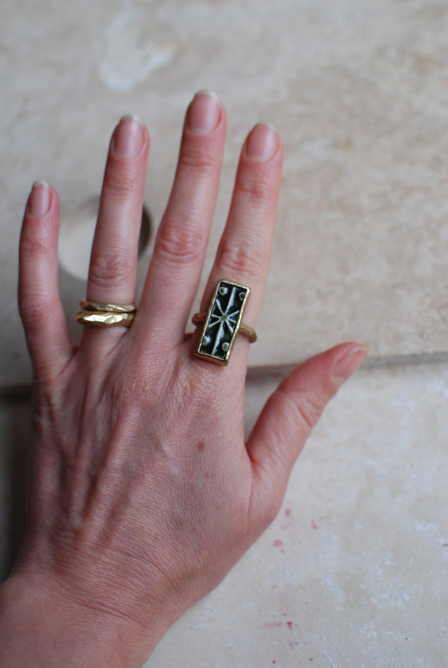 Solid Brass & Vintage Dark Forest Green Glaze Stoneware ‘Cypher’ Ring