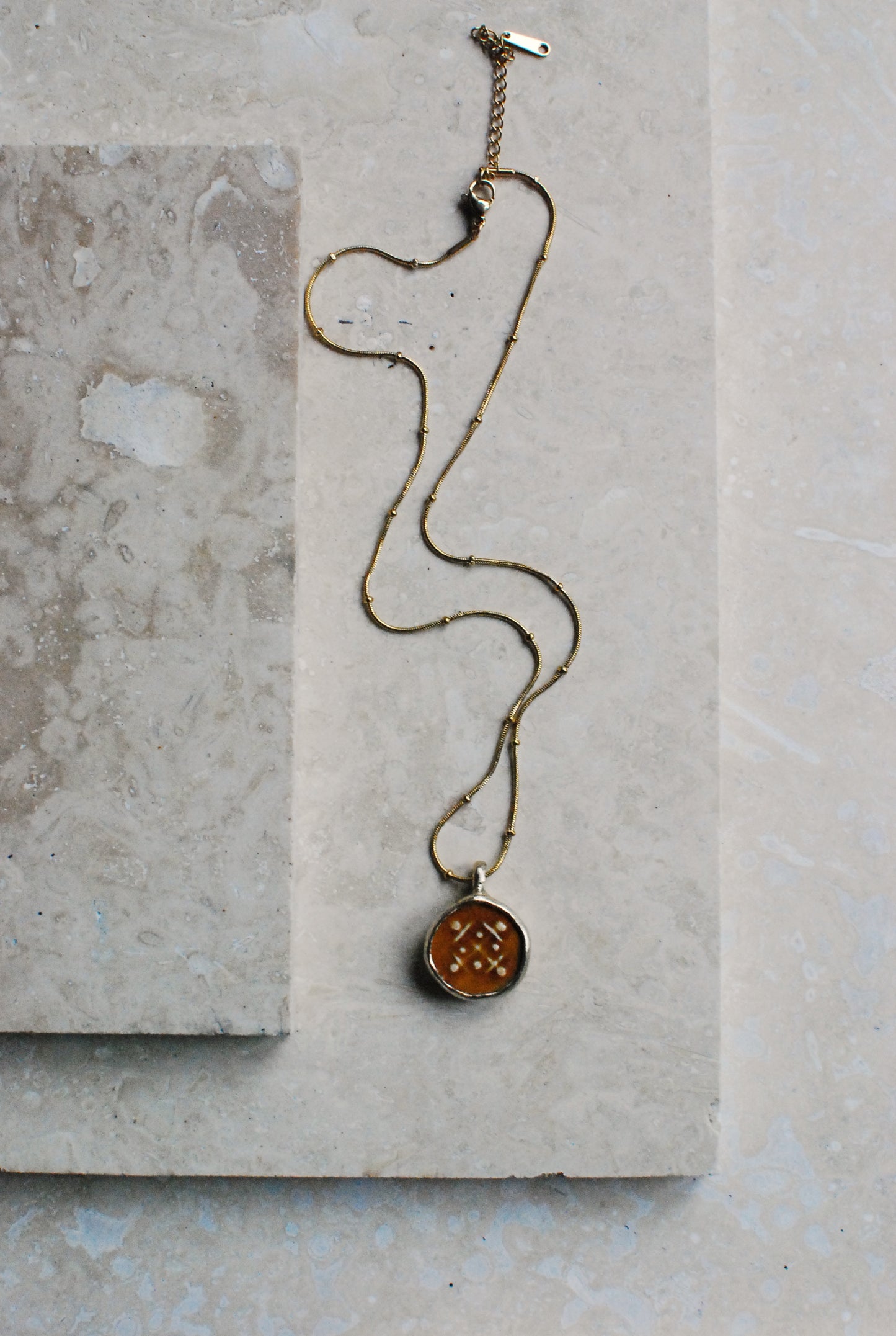Solid Brass & Reclaimed Amber Glazed Vintage Stoneware ‘Totem Wheel’ Necklace On 14k Gold Plated Chain