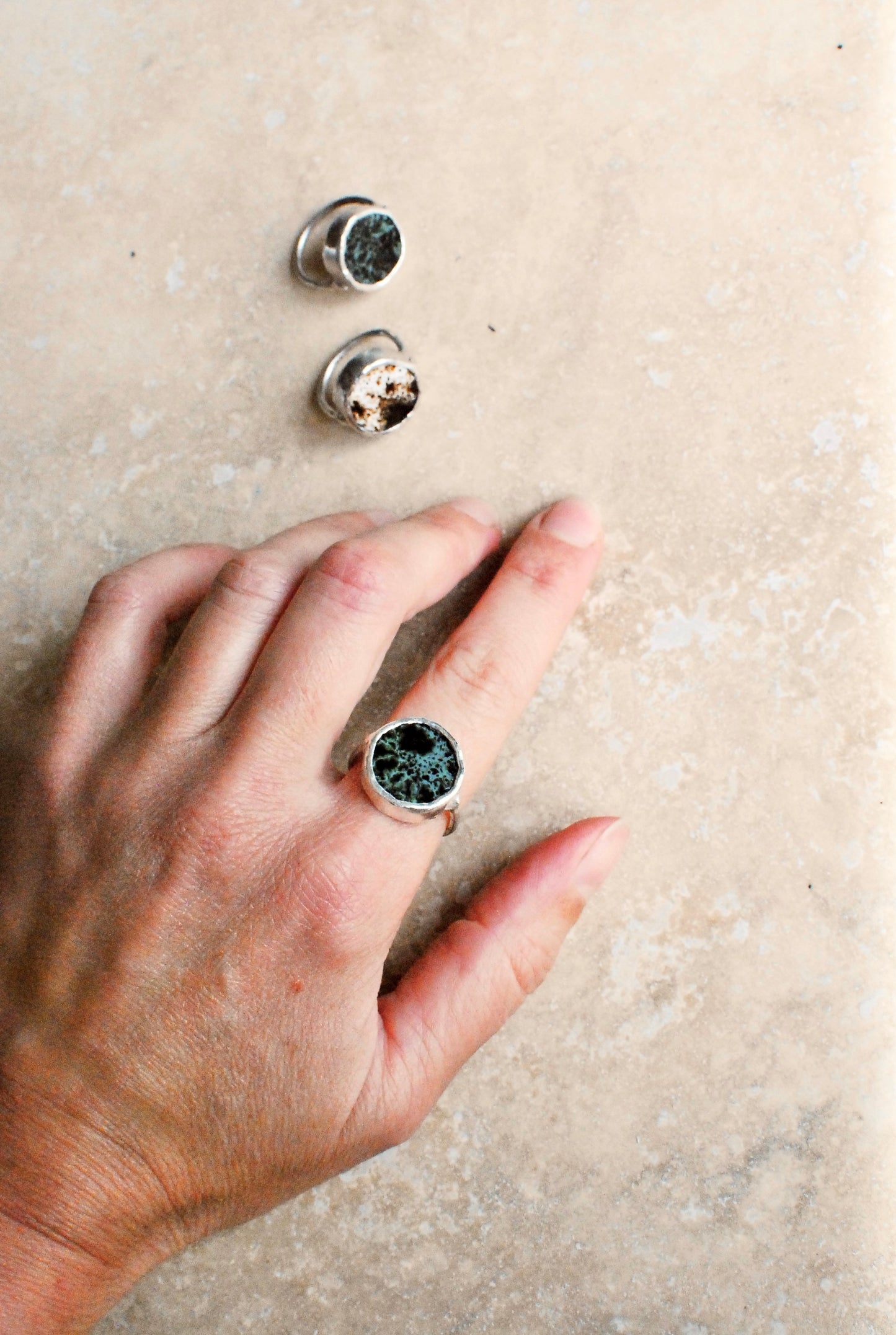 Forest Green & Black Speckled Glaze Reclaimed Stoneware & Solid Silver Wheel Ring