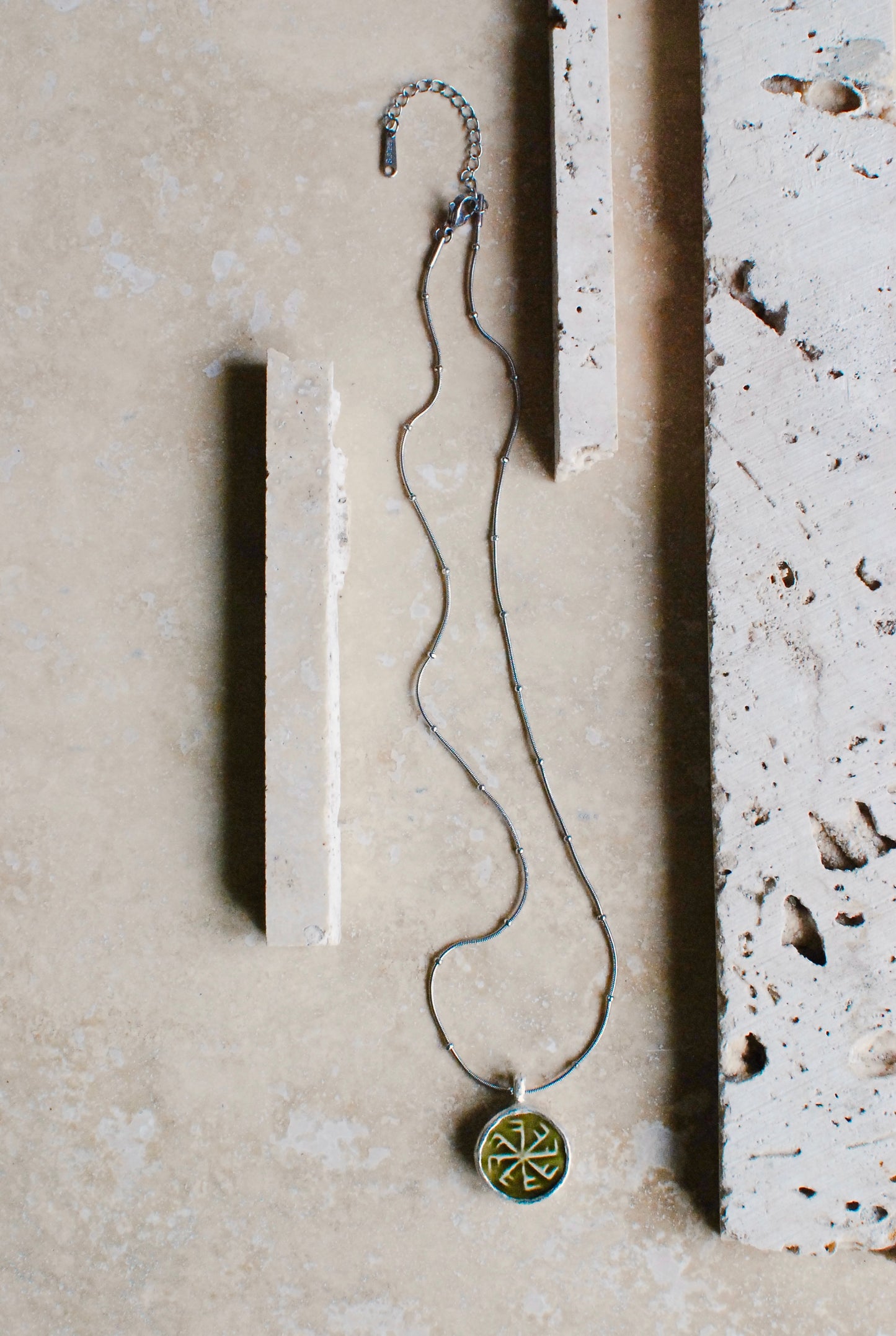 Solid Silver & Reclaimed Moss Green Glazed Vintage Stoneware ‘Totem Wheel’ Necklace On Waterproof Stainless Steel Chain