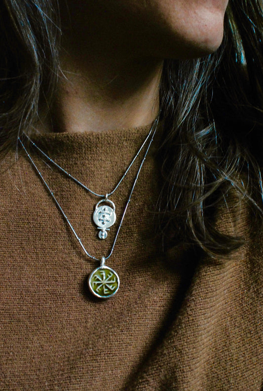 Solid Silver & Reclaimed Moss Green Glazed Vintage Stoneware ‘Totem Wheel’ Necklace On Waterproof Stainless Steel Chain