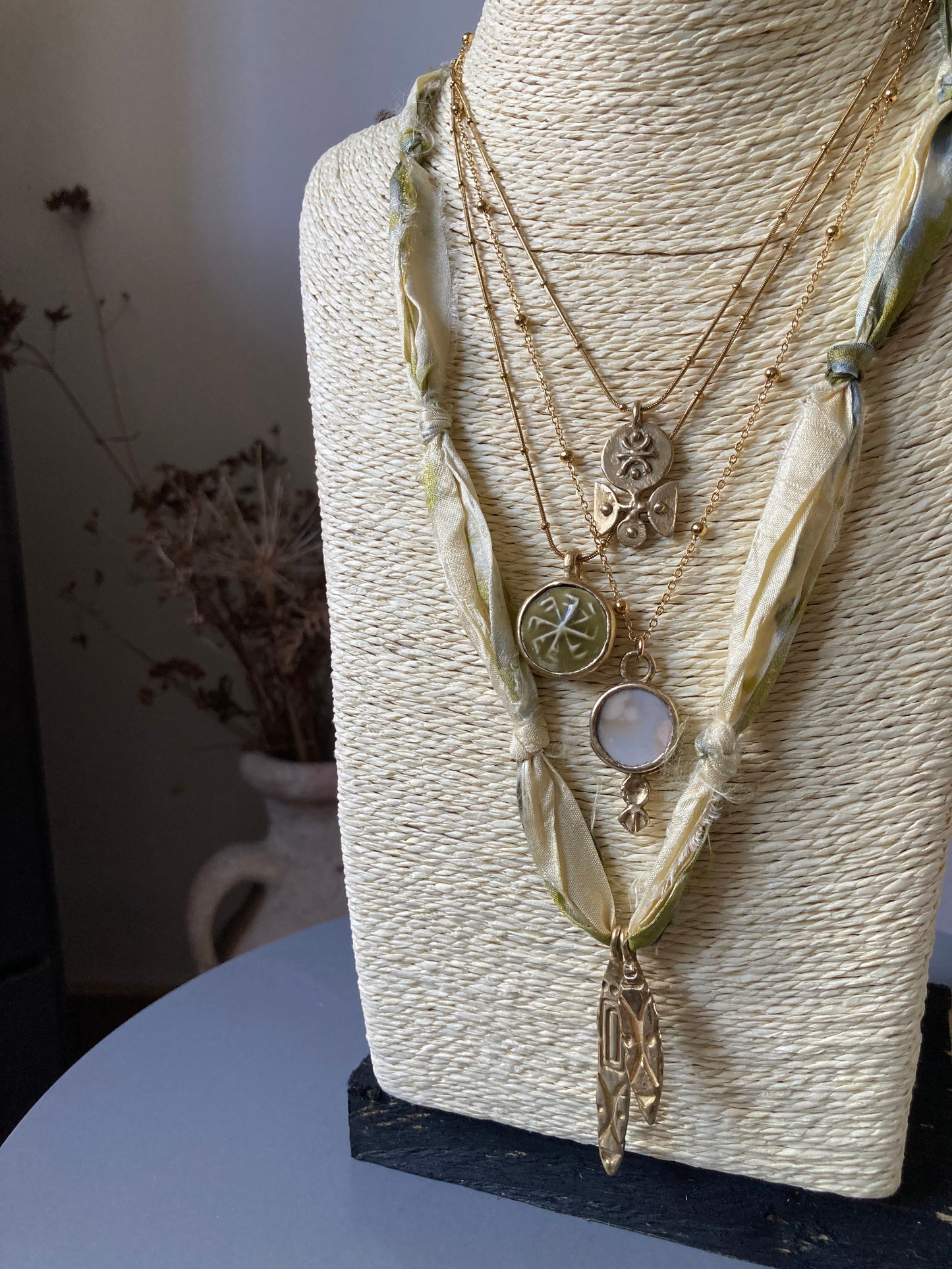 Solid Brass & Reclaimed Cloudy Blue & White Vintage Hornsea ‘Cirrus’ Stoneware Necklace On 14k Gold Plated Chain