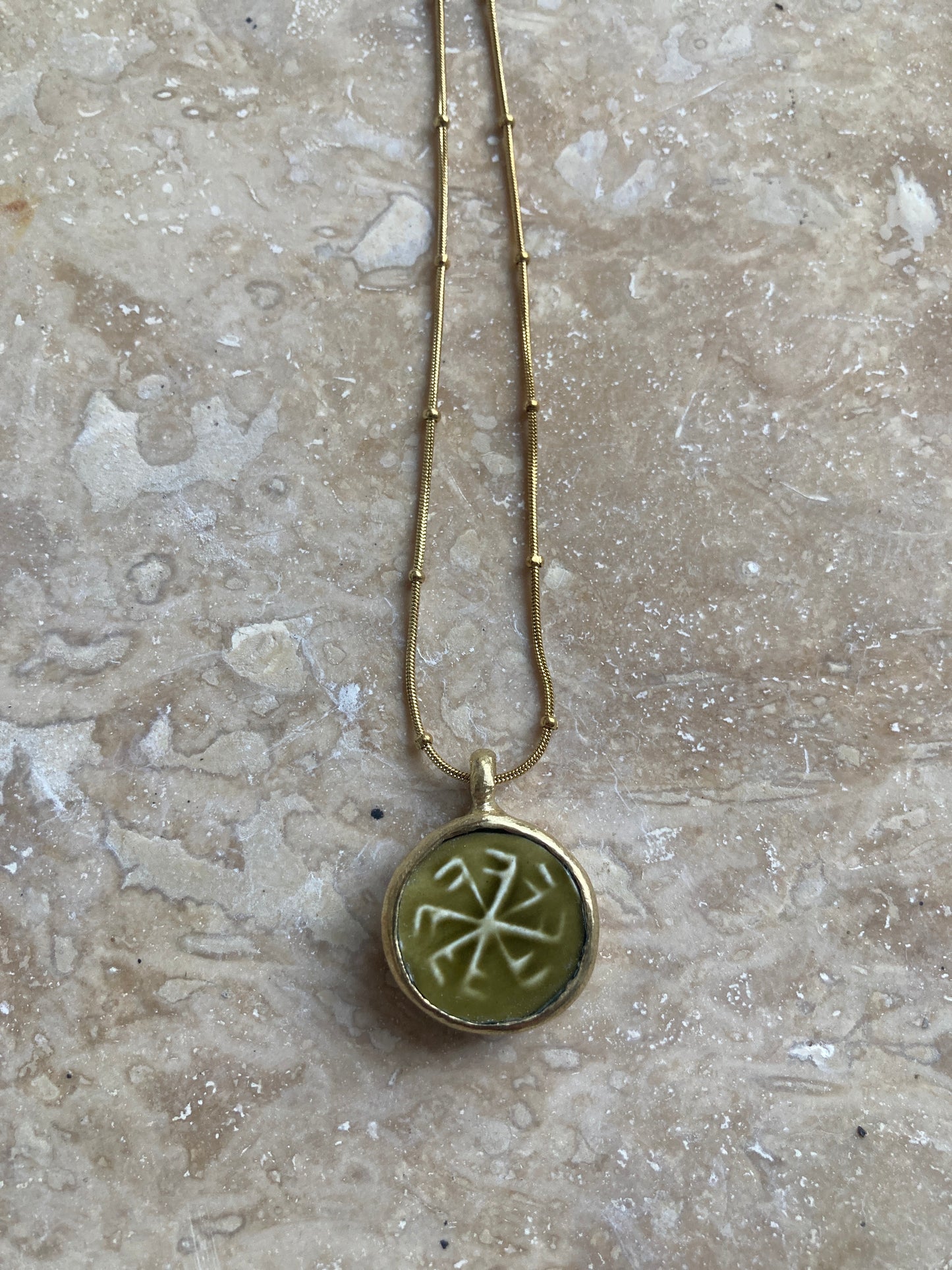 Moss Green Vintage Stoneware & Solid Brass ‘Totem Wheel’ Necklace On 14k Gold Plated Chain