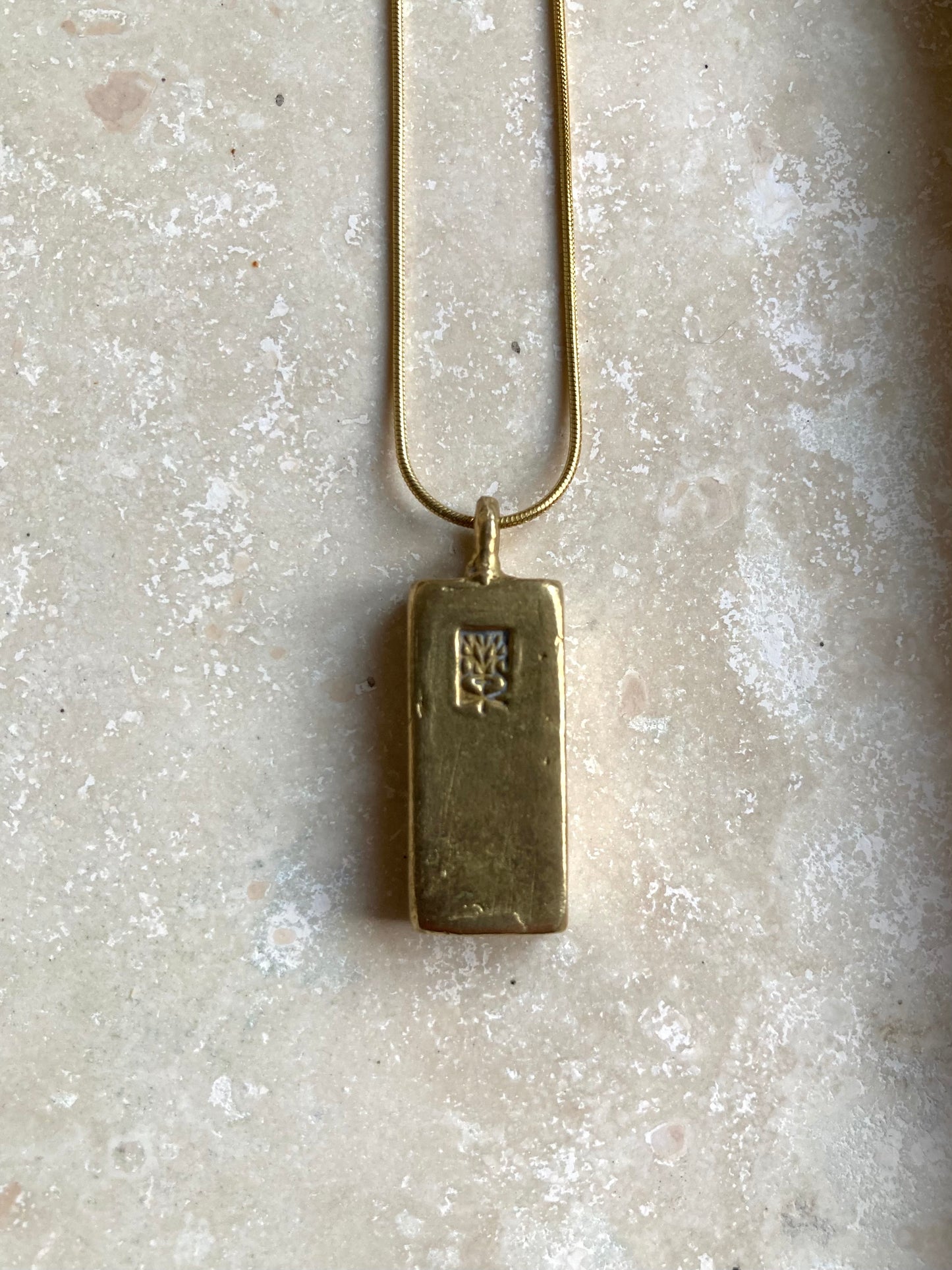 Solid Brass & Reclaimed Dark Green Glazed Vintage Stoneware ‘Cypher Drop’ Necklace On 14k Gold Plated Chain