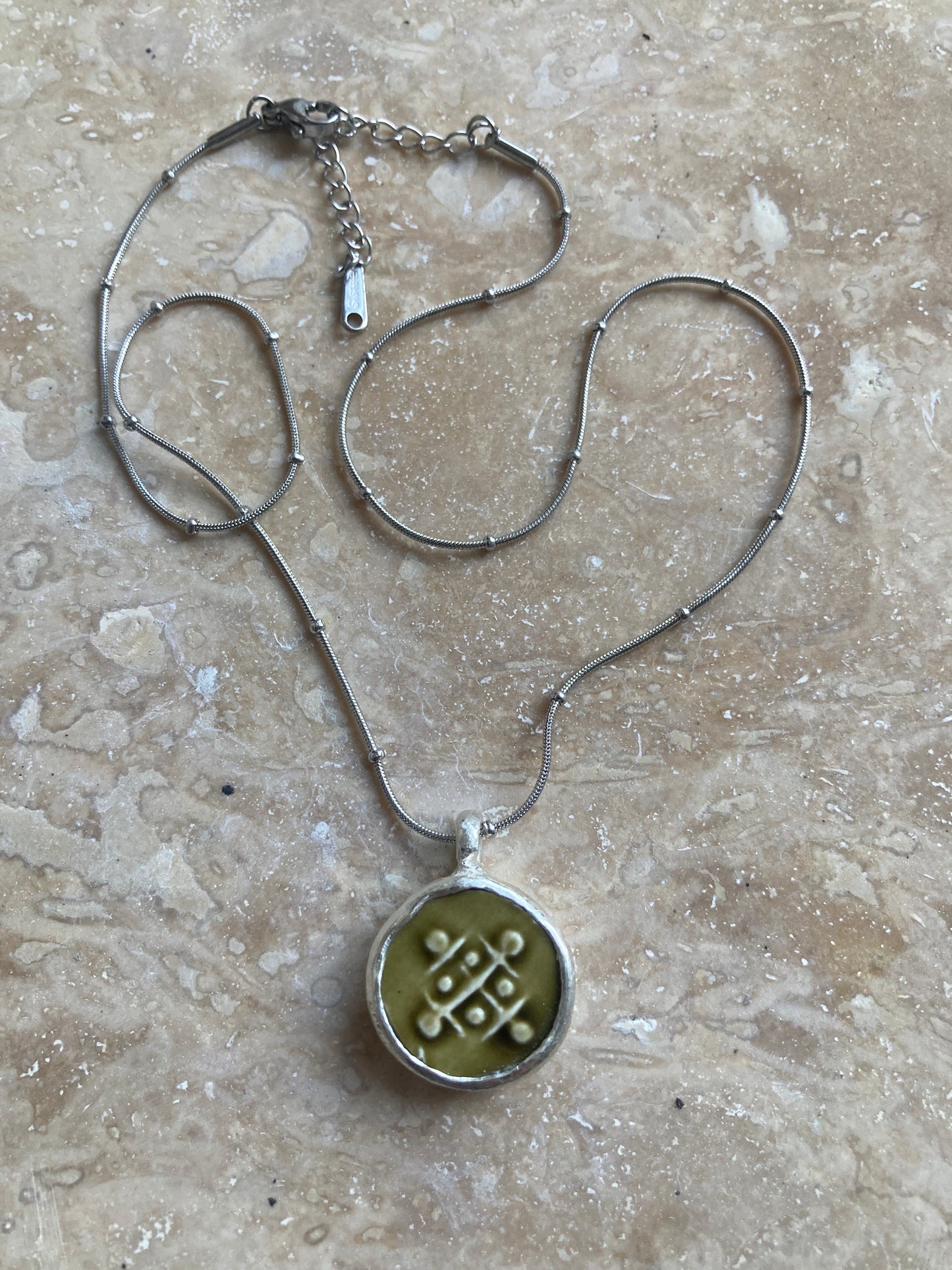 Solid Silver & Reclaimed Moss Green Glazed Vintage Stoneware ‘Totem Wheel’ Necklace On 14k Gold Plated Chain