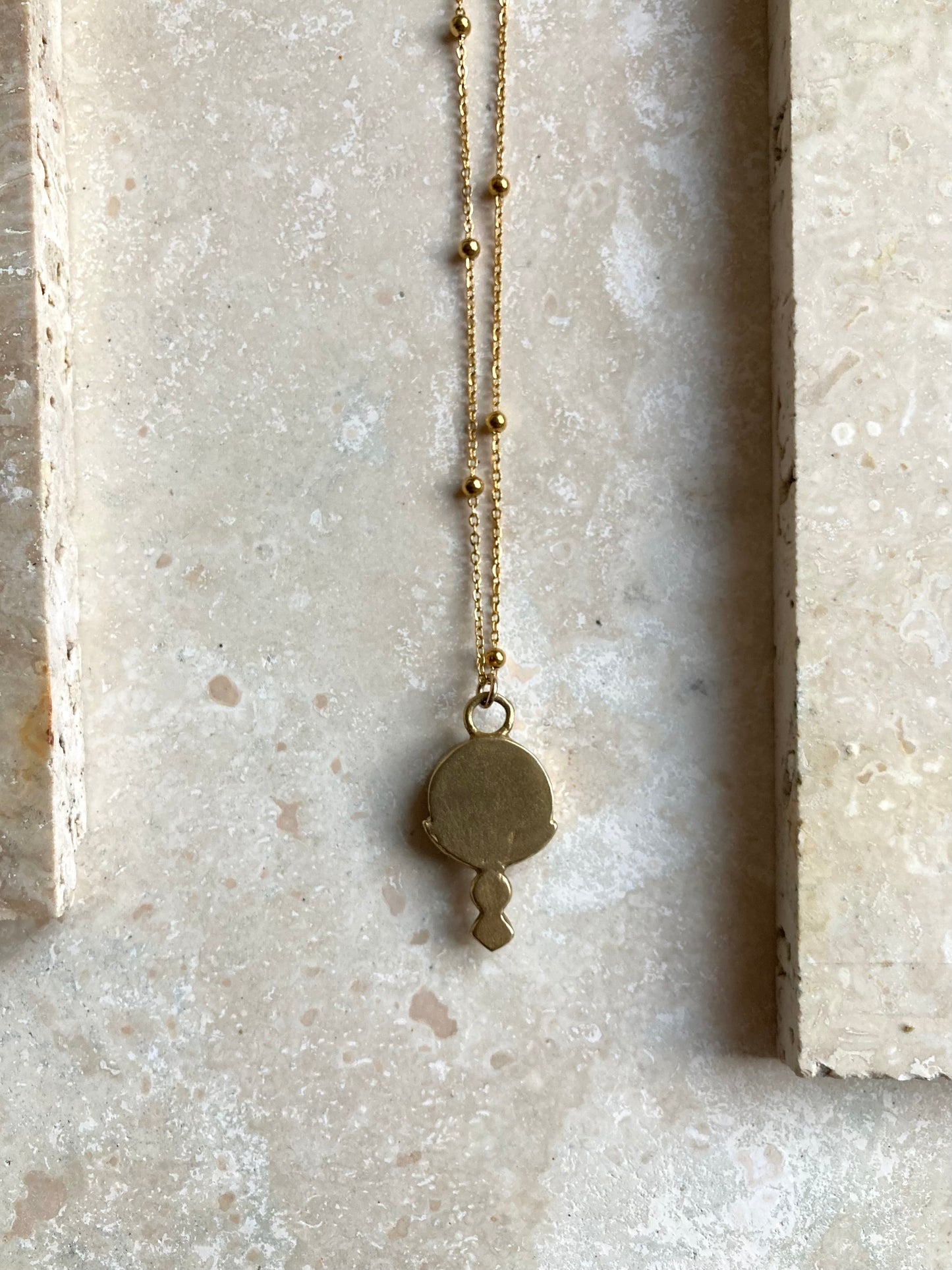 Solid Brass & Reclaimed Cloudy Blue & White Vintage Hornsea ‘Cirrus’ Stoneware Necklace On 14k Gold Plated Chain