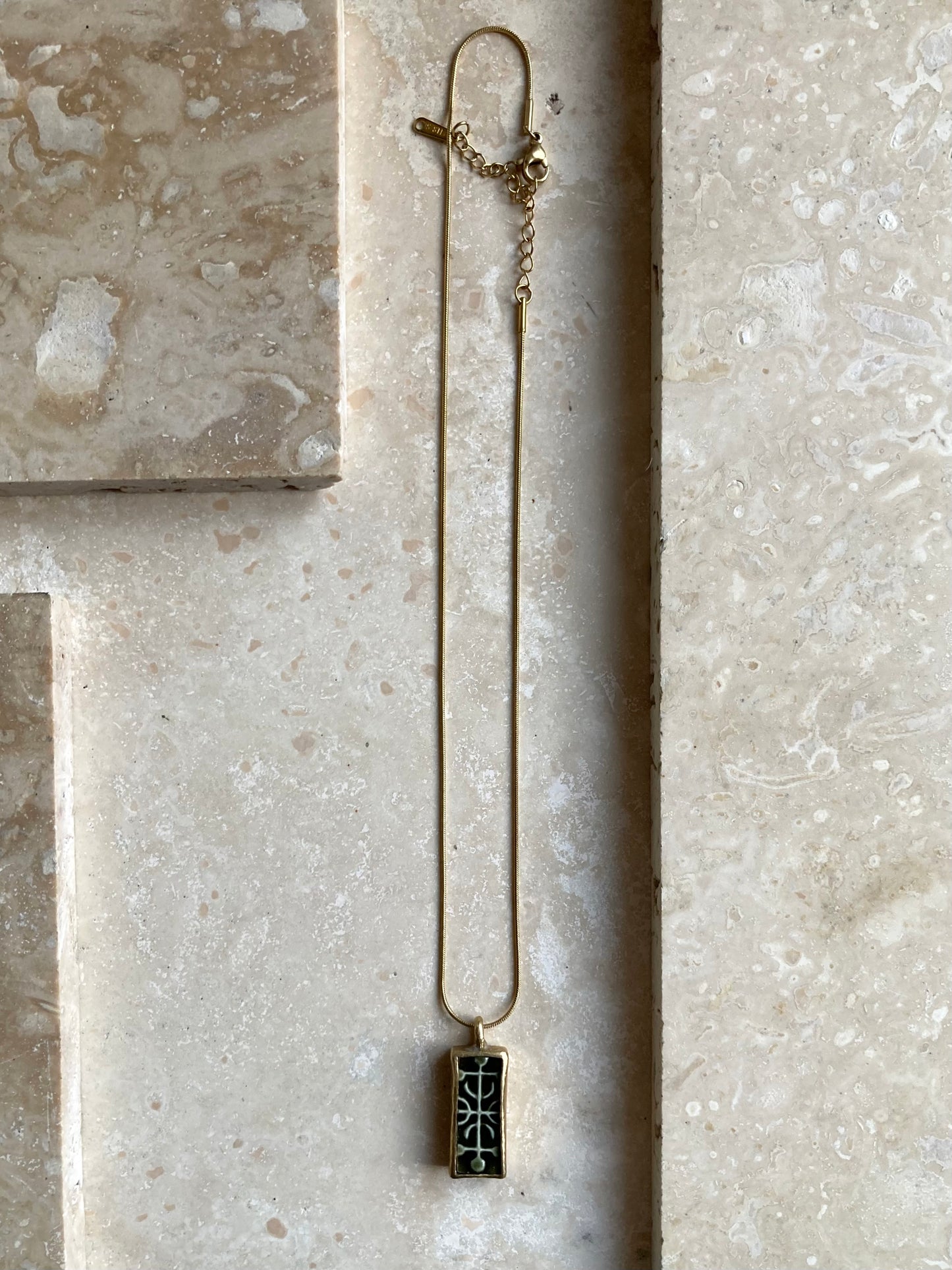 Solid Brass & Reclaimed Dark Green Glazed Vintage Stoneware ‘Cypher Drop’ Necklace On 14k Gold Plated Chain