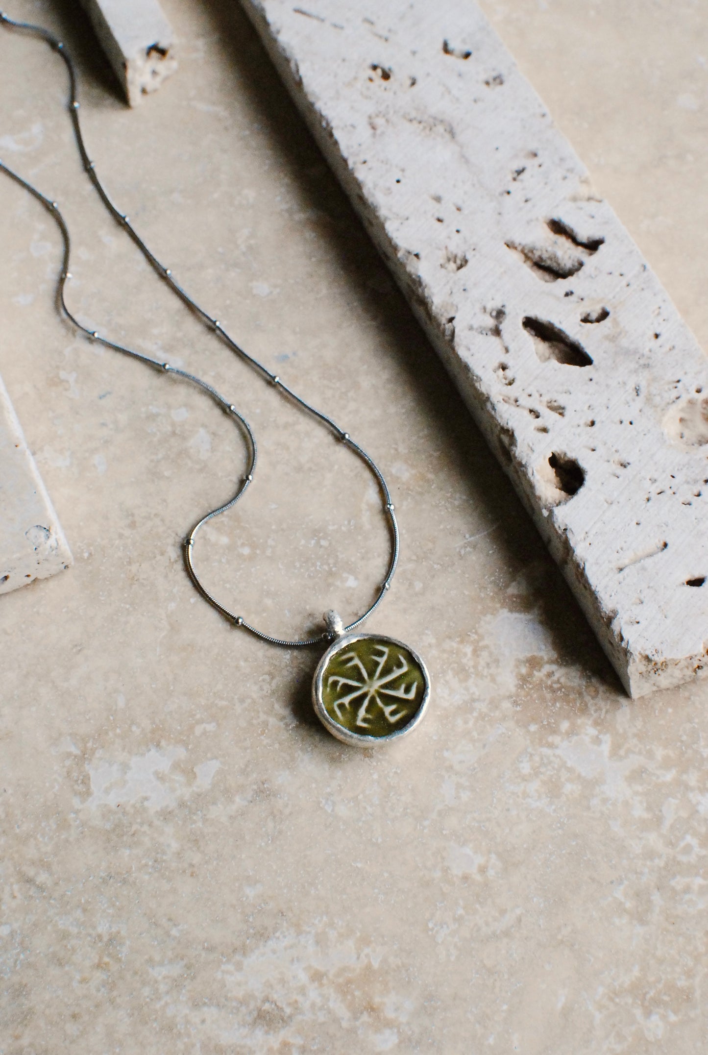 Solid Silver & Reclaimed Moss Green Glazed Vintage Stoneware ‘Totem Wheel’ Necklace On Waterproof Stainless Steel Chain