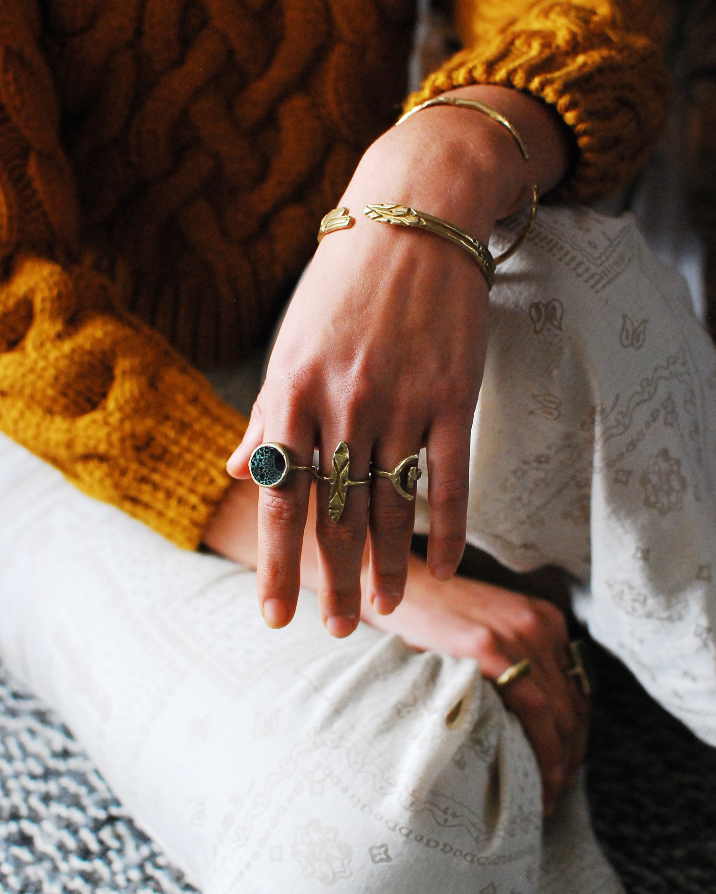 Forest Green & Black Speckled Glaze Reclaimed Stoneware & Solid Brass Wheel Ring