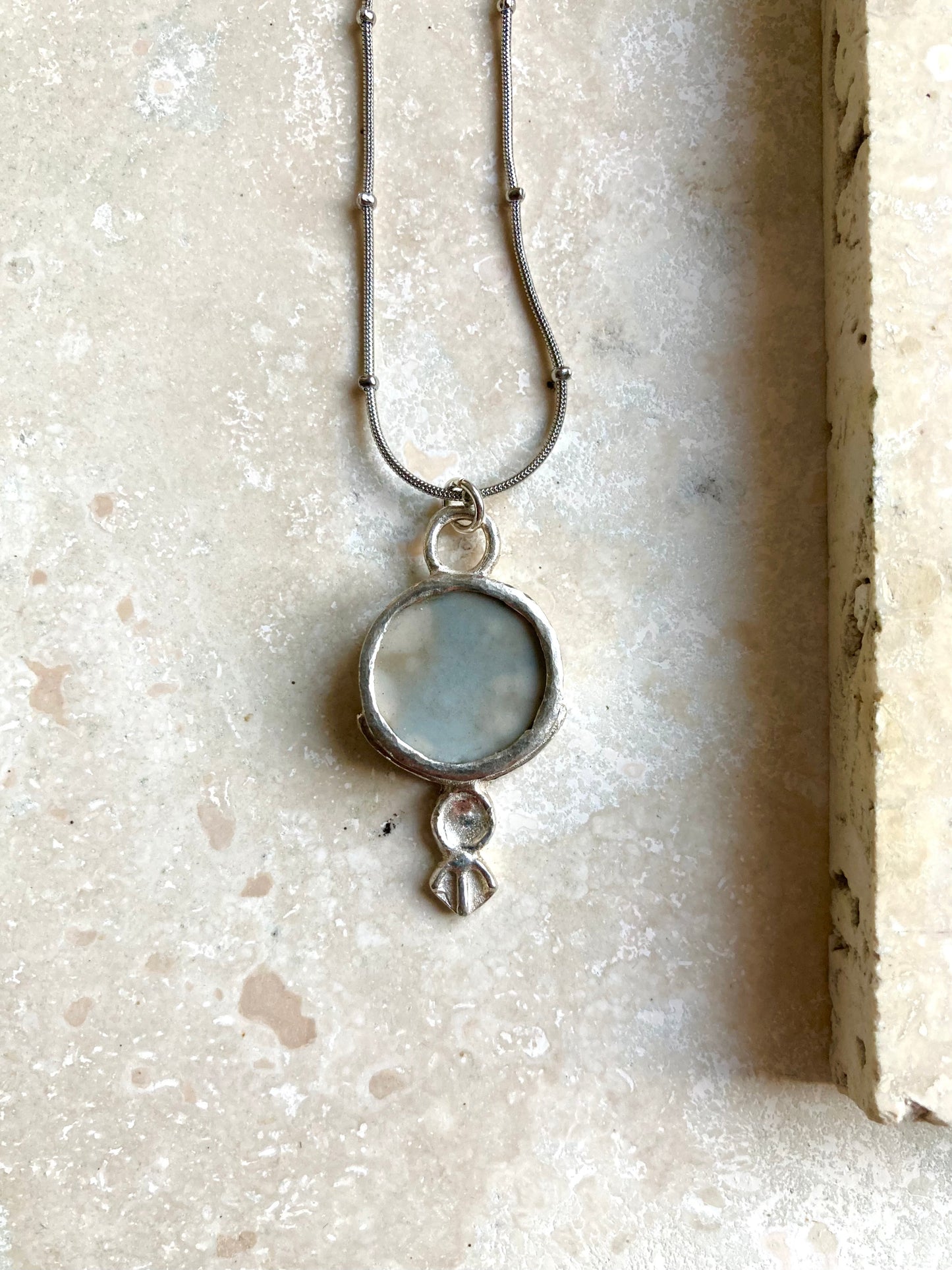 Solid Silver & Reclaimed Cloudy Blue & White Vintage Hornsea ‘Cirrus’ Stoneware Necklace On Waterproof Stainless Steel Chain.