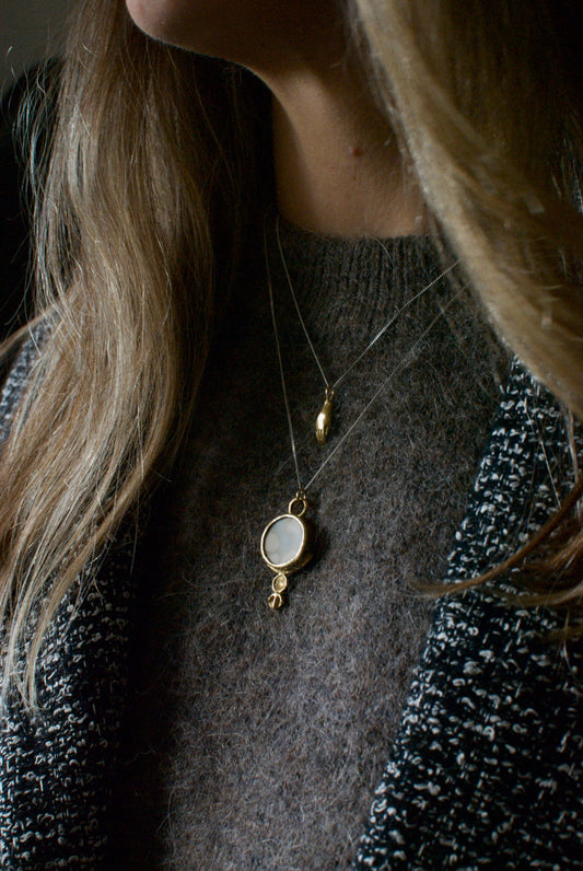 Solid Brass & Reclaimed Cloudy Blue & White Vintage Hornsea ‘Cirrus’ Stoneware Necklace On 14k Gold Plated Chain