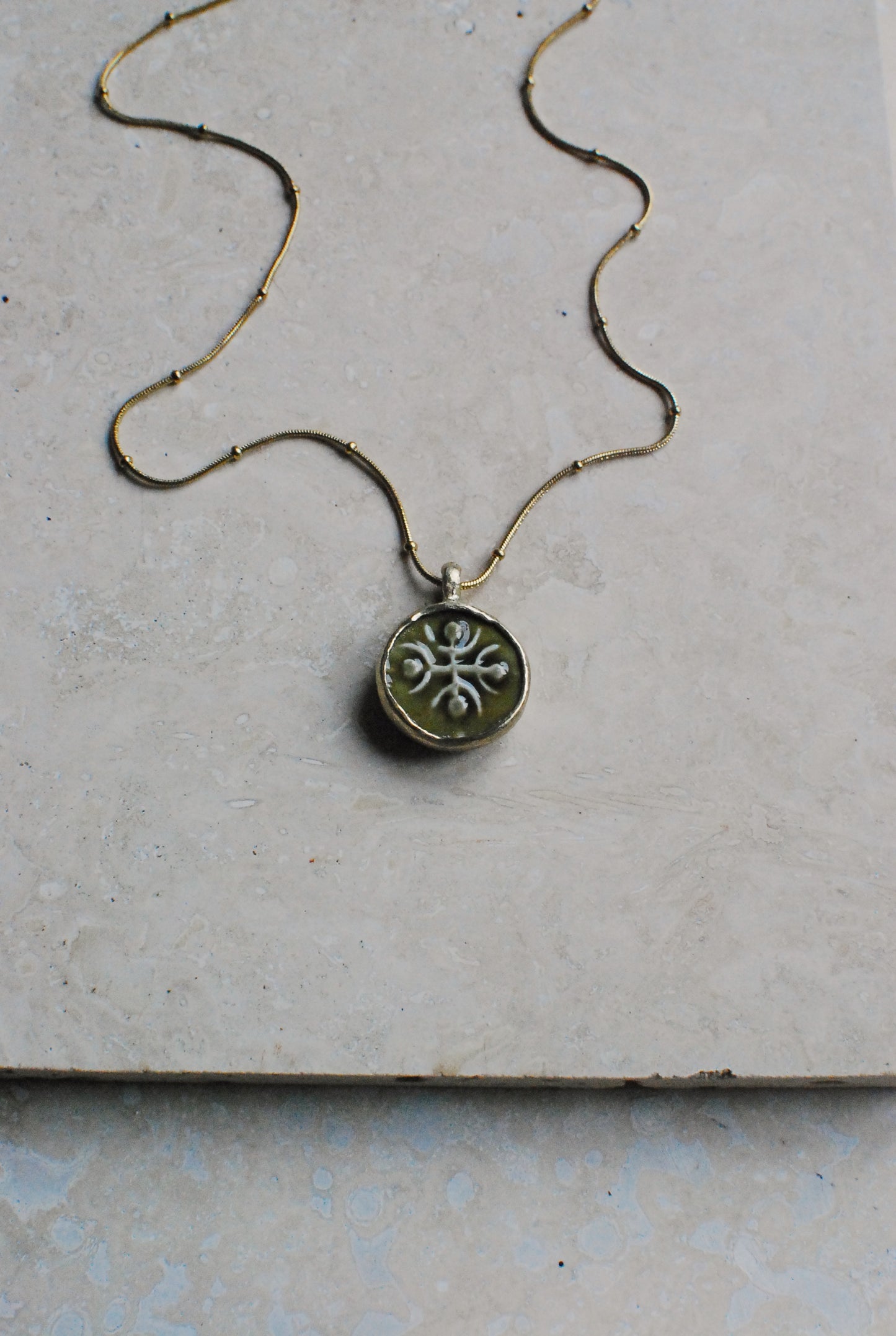 Moss Green Vintage Stoneware & Solid Brass ‘Totem Wheel’ Necklace On 14k Gold Plated Chain