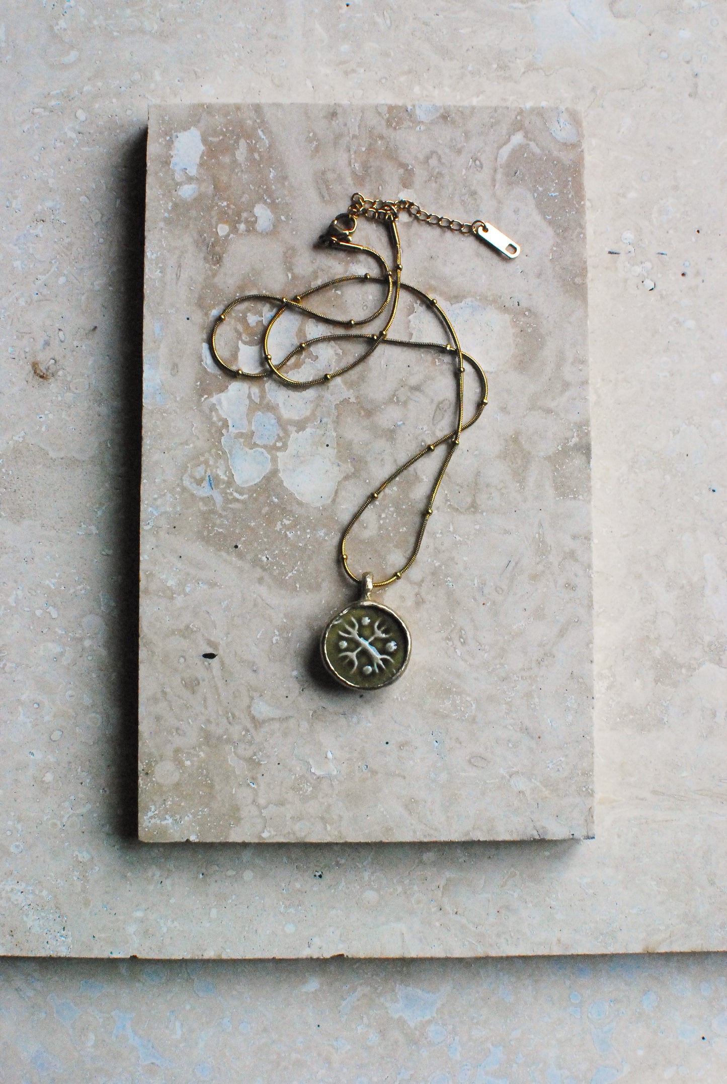 Moss Green Vintage Stoneware & Solid Brass ‘Totem Wheel’ Necklace On 14k Gold Plated Chain