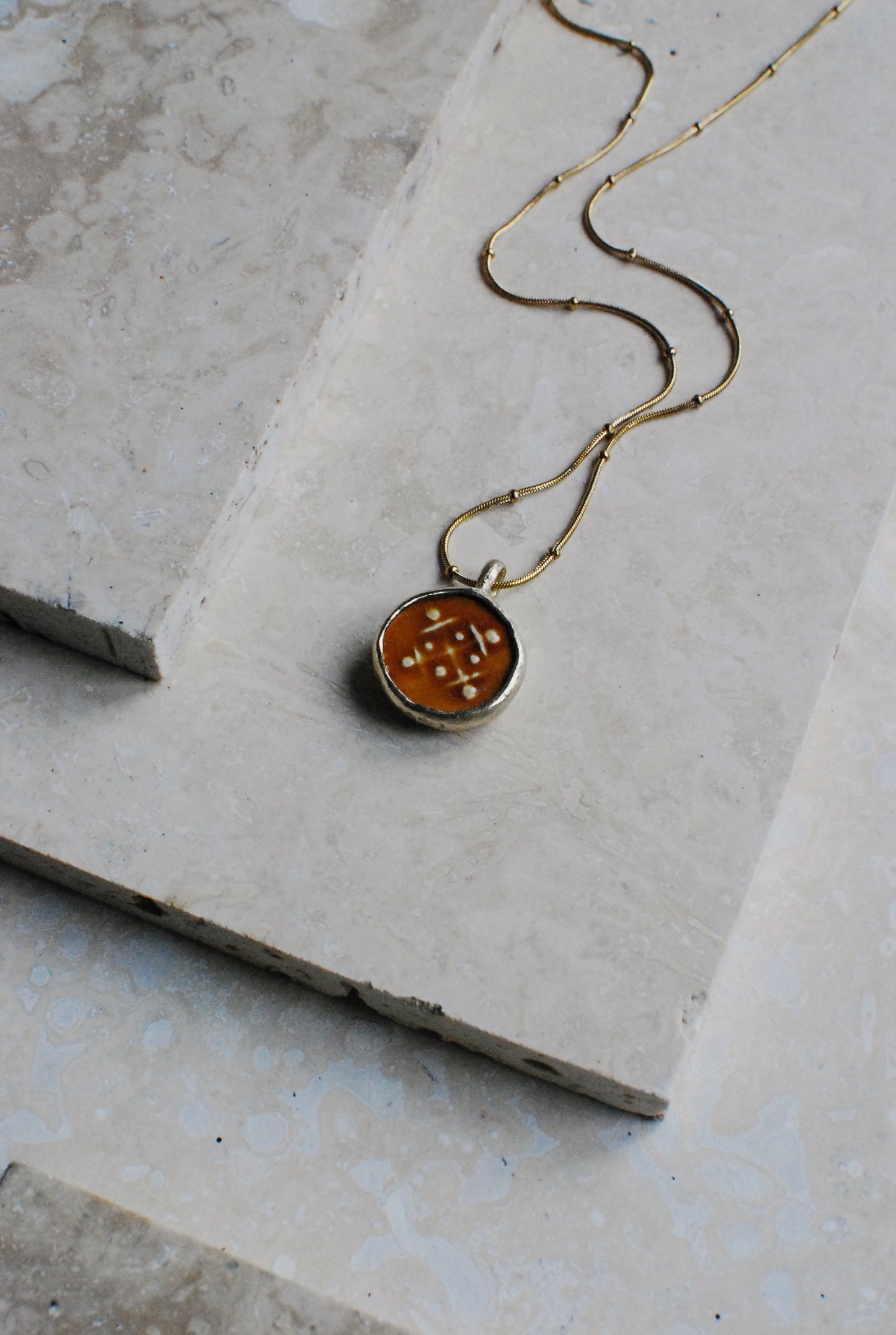 Solid Brass & Reclaimed Amber Glazed Vintage Stoneware ‘Totem Wheel’ Necklace On 14k Gold Plated Chain