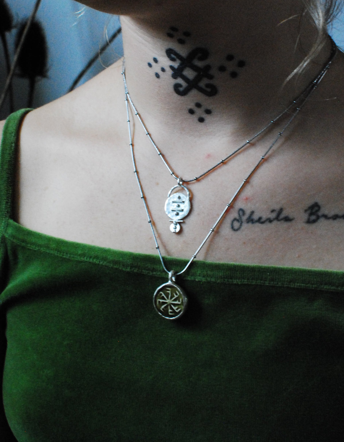 Solid Silver & Reclaimed Moss Green Glazed Vintage Stoneware ‘Totem Wheel’ Necklace On Waterproof Stainless Steel Chain