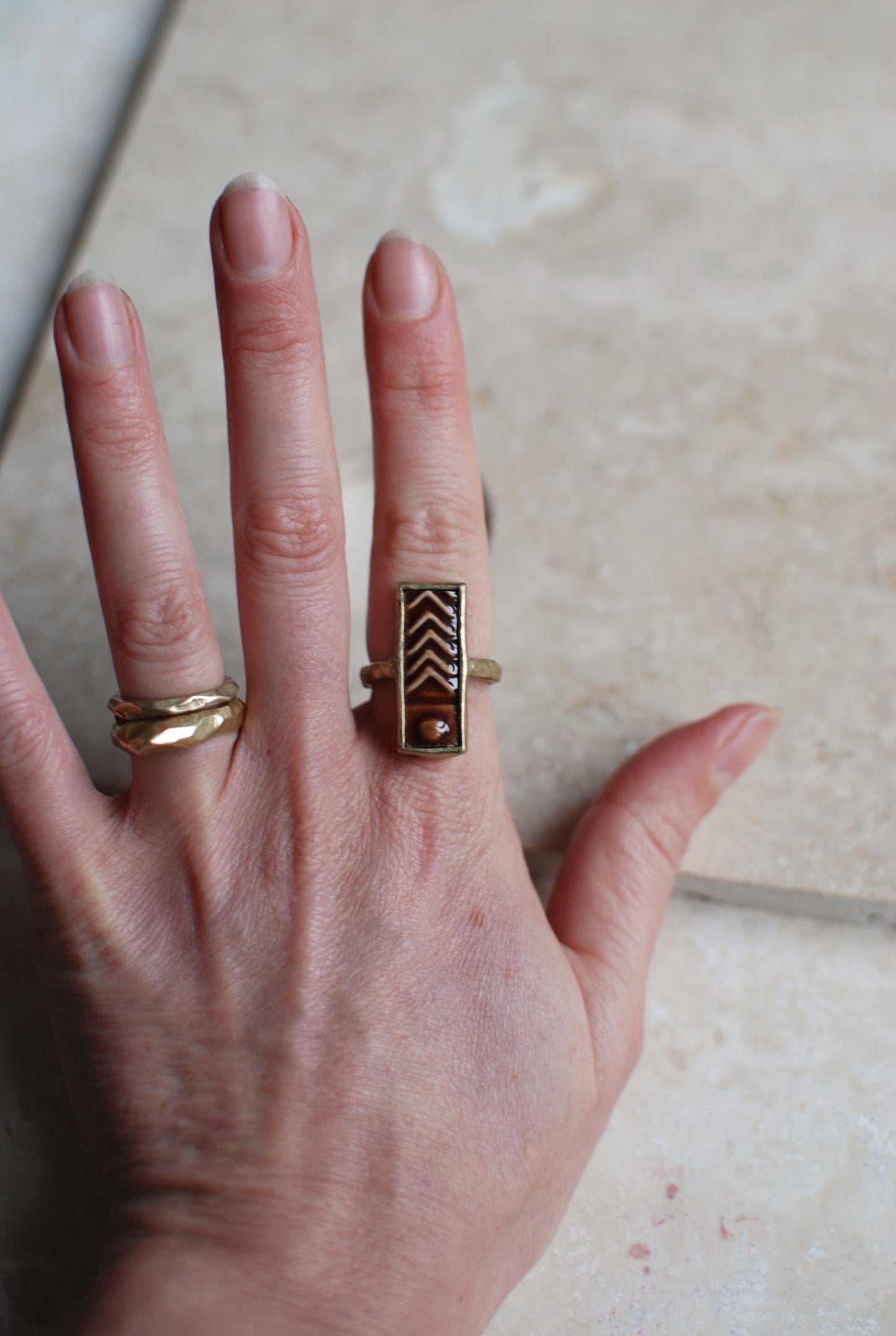 Solid Brass & Vintage Rust Red Glaze Stoneware ‘Cypher’ Ring