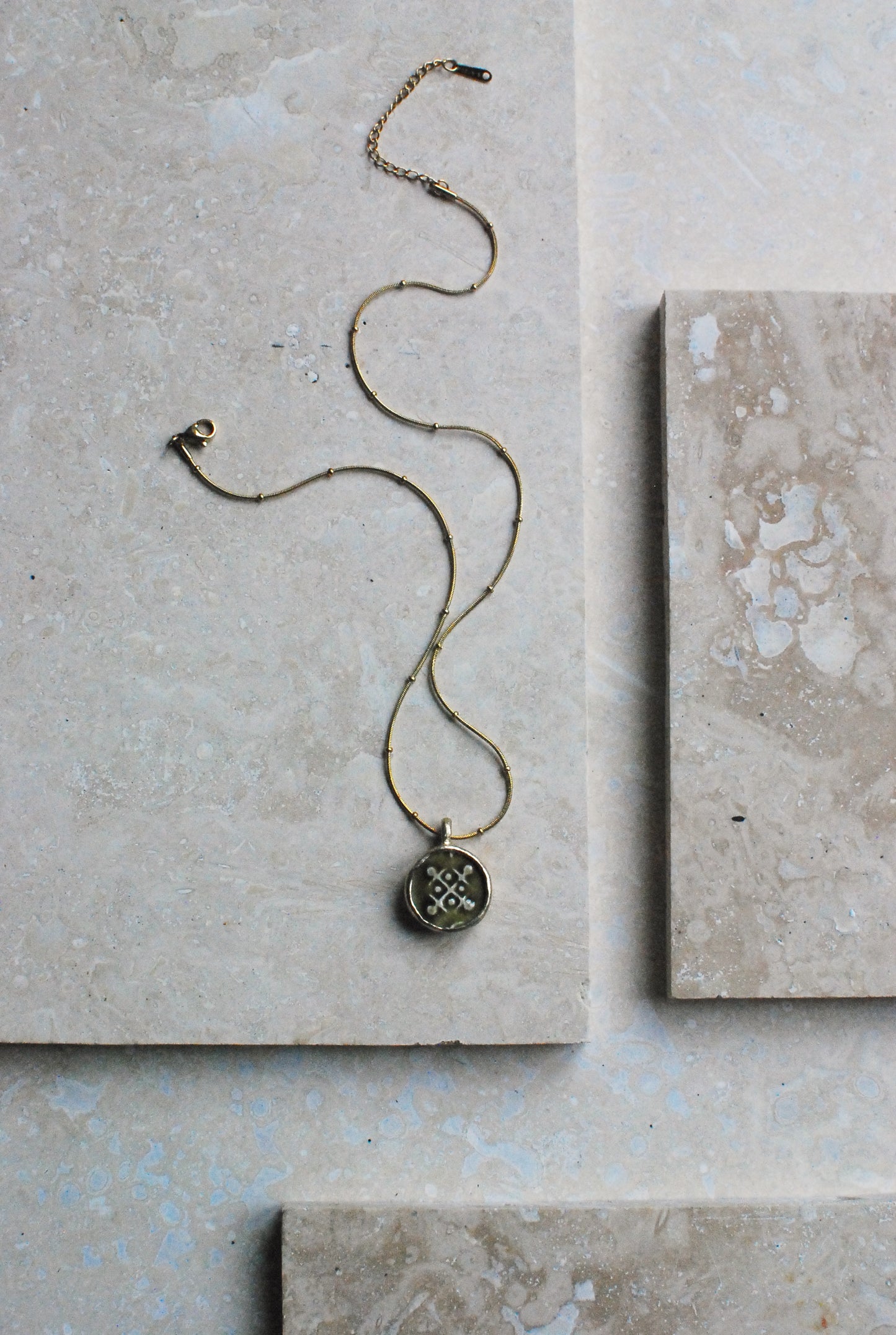 Moss Green Vintage Stoneware & Solid Brass ‘Totem Wheel’ Necklace On 14k Gold Plated Chain