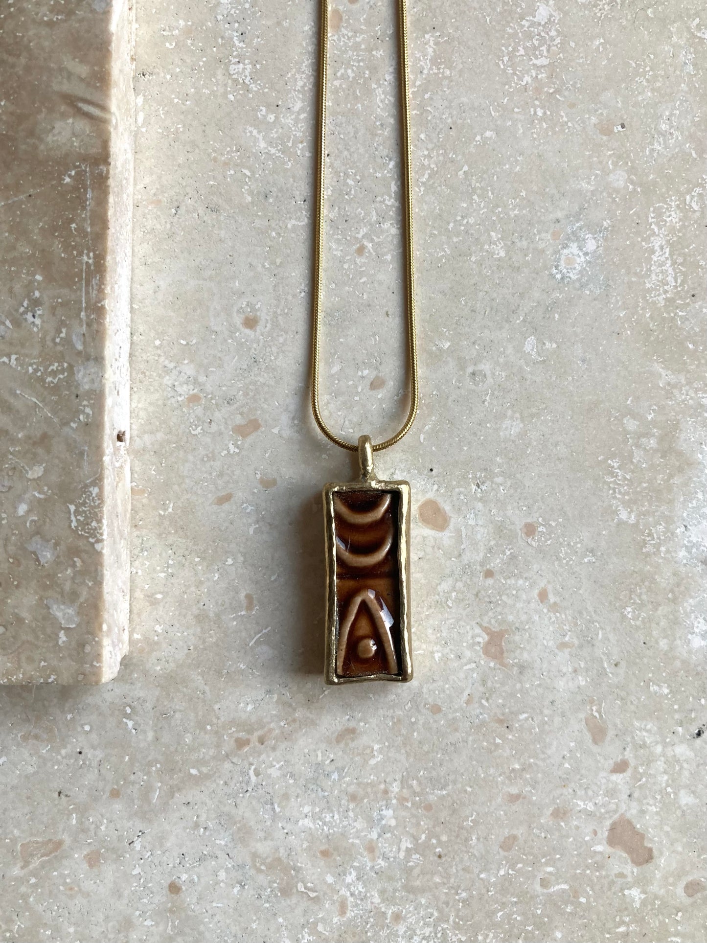 Solid Brass & Reclaimed Dark Rust Red Glazed Vintage Stoneware ‘Cypher Drop’ Necklace On 14k Gold Plated Chain