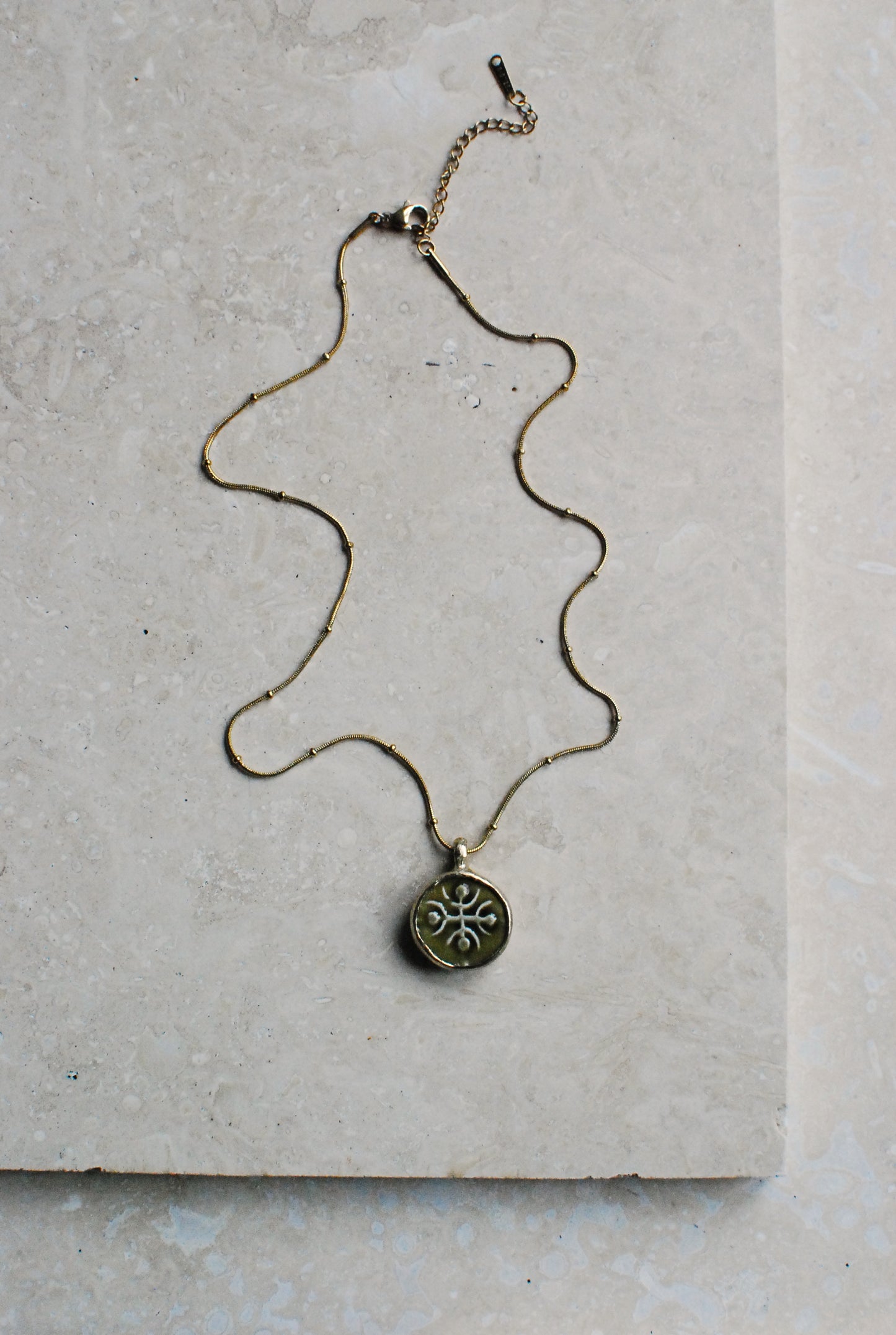 Moss Green Vintage Stoneware & Solid Brass ‘Totem Wheel’ Necklace On 14k Gold Plated Chain