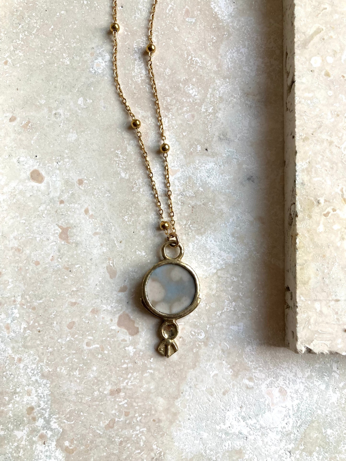 Solid Brass & Reclaimed Cloudy Blue & White Vintage Hornsea ‘Cirrus’ Stoneware Necklace On 14k Gold Plated Chain