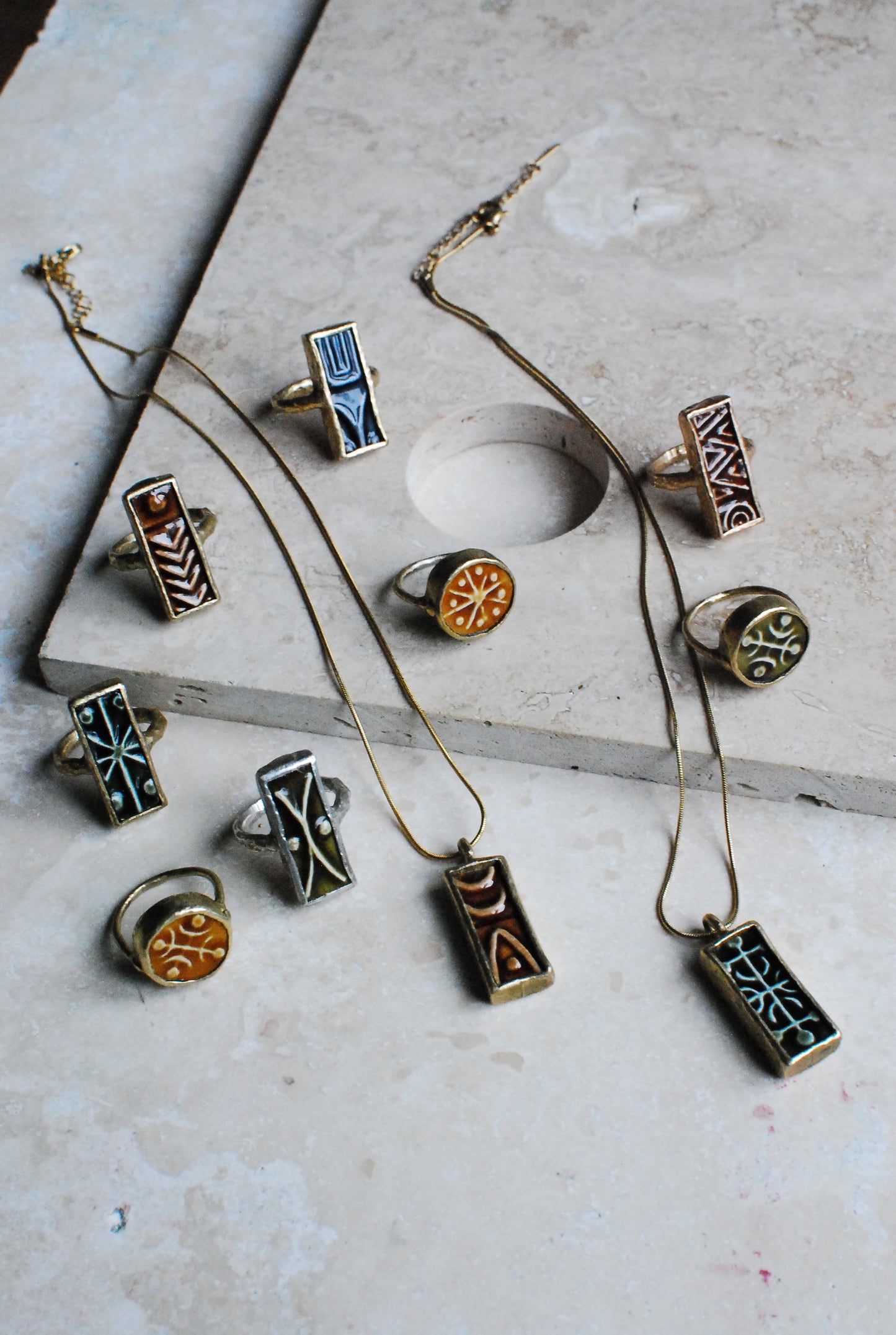 Solid Brass & Vintage Dark Forest Green Glaze Stoneware ‘Cypher’ Ring