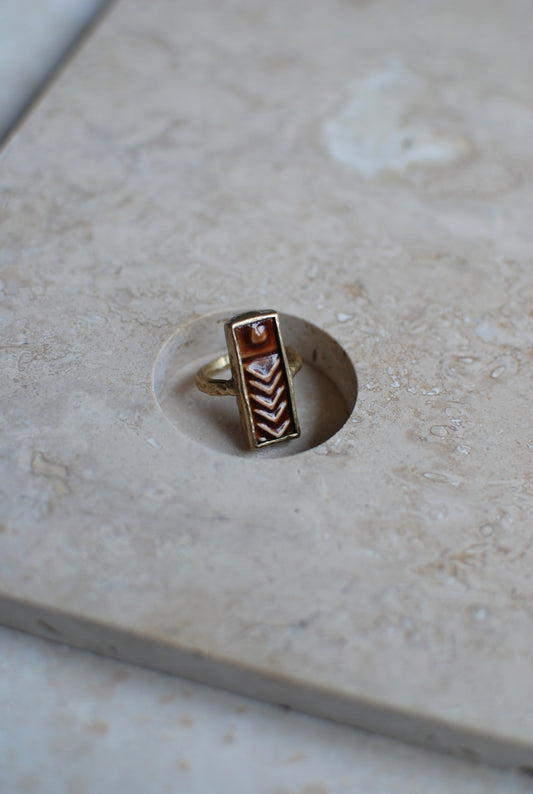 Solid Brass & Vintage Rust Red Glaze Stoneware ‘Cypher’ Ring