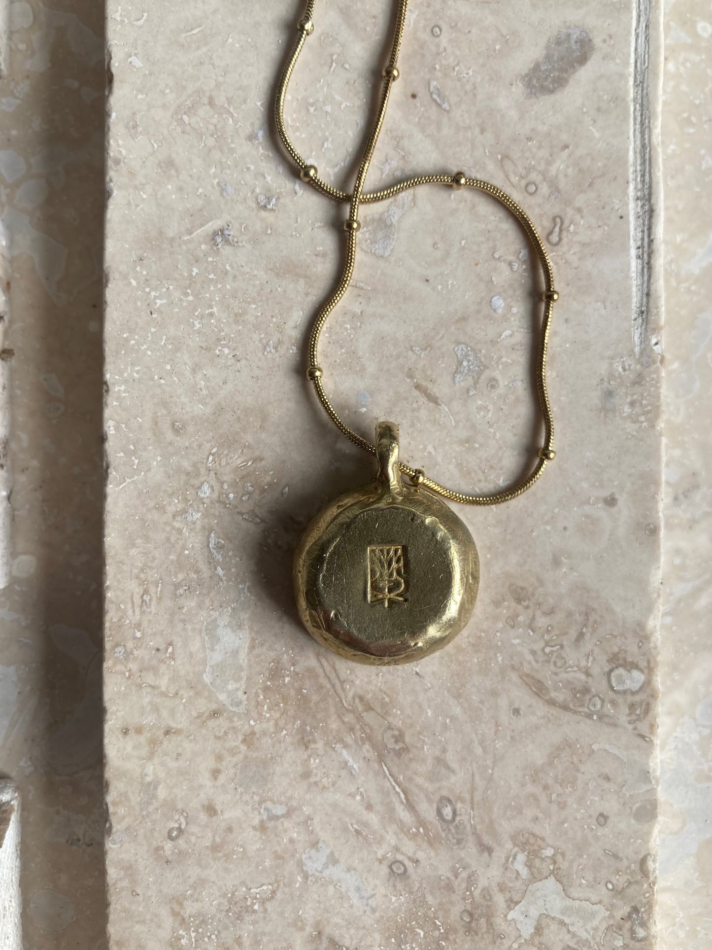 Solid Brass & Reclaimed Amber Glazed Vintage Stoneware ‘Totem Wheel’ Necklace On 14k Gold Plated Chain