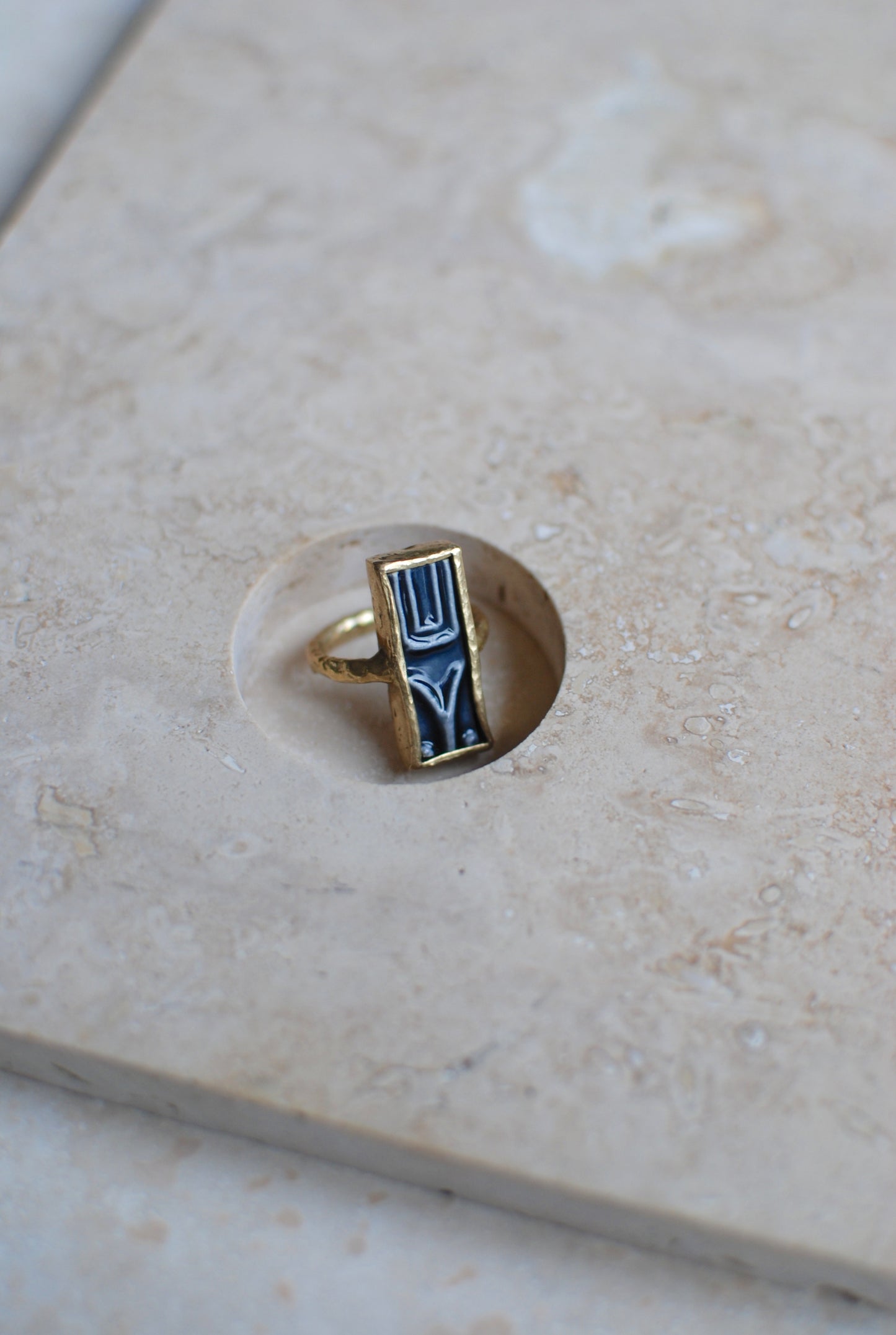 Solid Brass & Vintage Flint Grey Glaze Stoneware ‘Cypher’ Ring