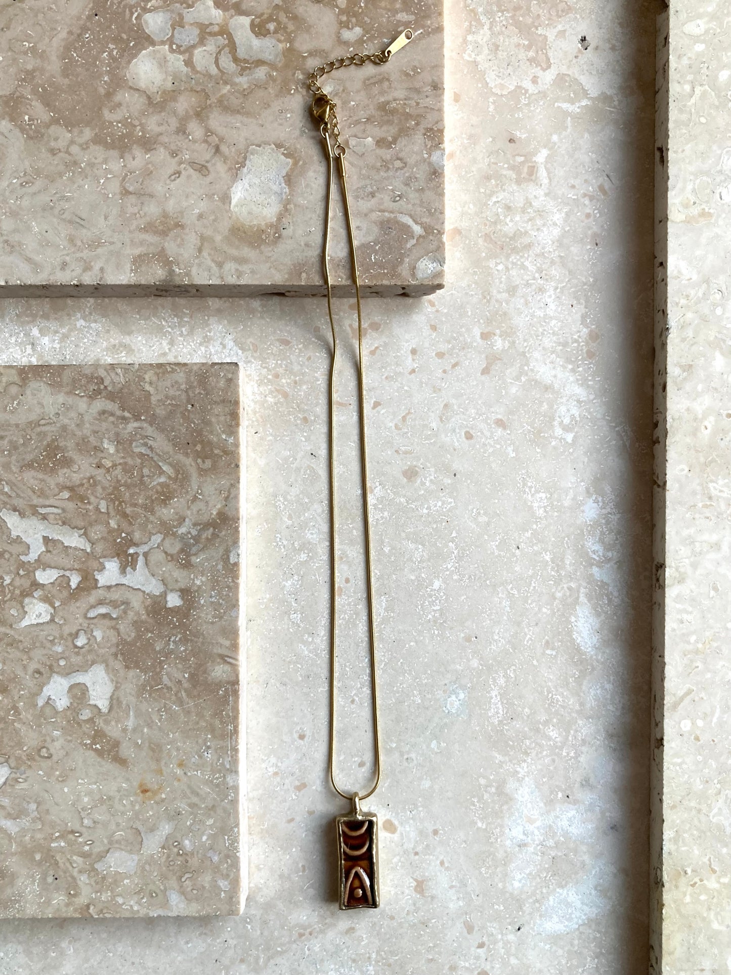 Solid Brass & Reclaimed Dark Rust Red Glazed Vintage Stoneware ‘Cypher Drop’ Necklace On 14k Gold Plated Chain