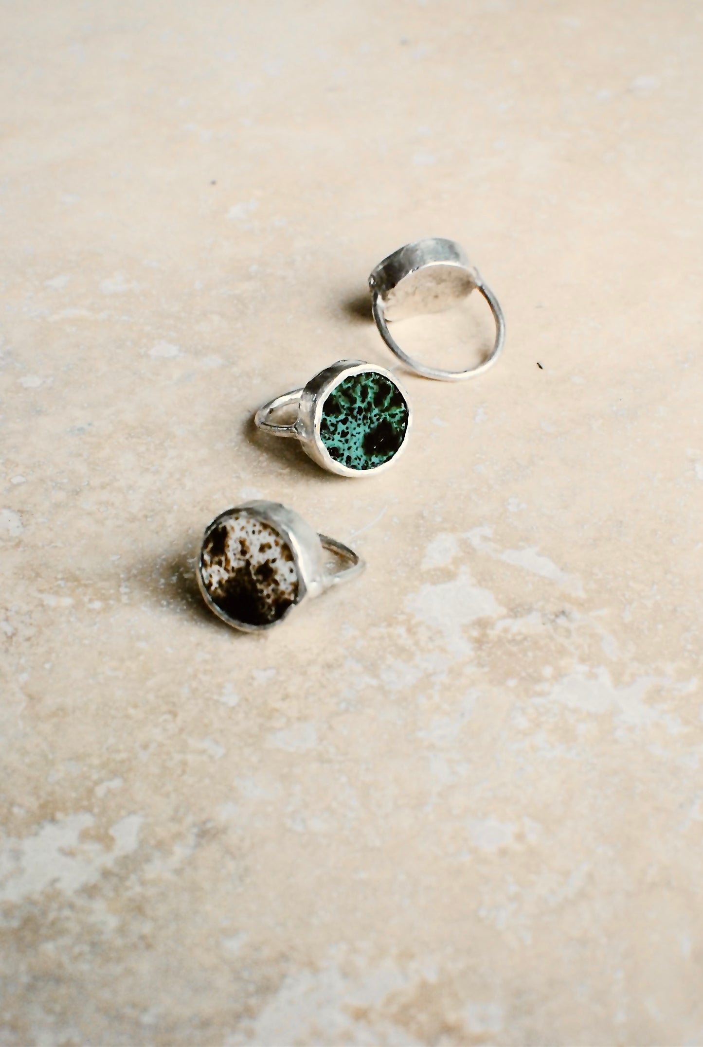 Forest Green & Black Speckled Glaze Reclaimed Stoneware & Solid Silver Wheel Ring