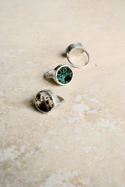 Forest Green & Black Speckled Glaze Reclaimed Stoneware & Solid Silver Wheel Ring