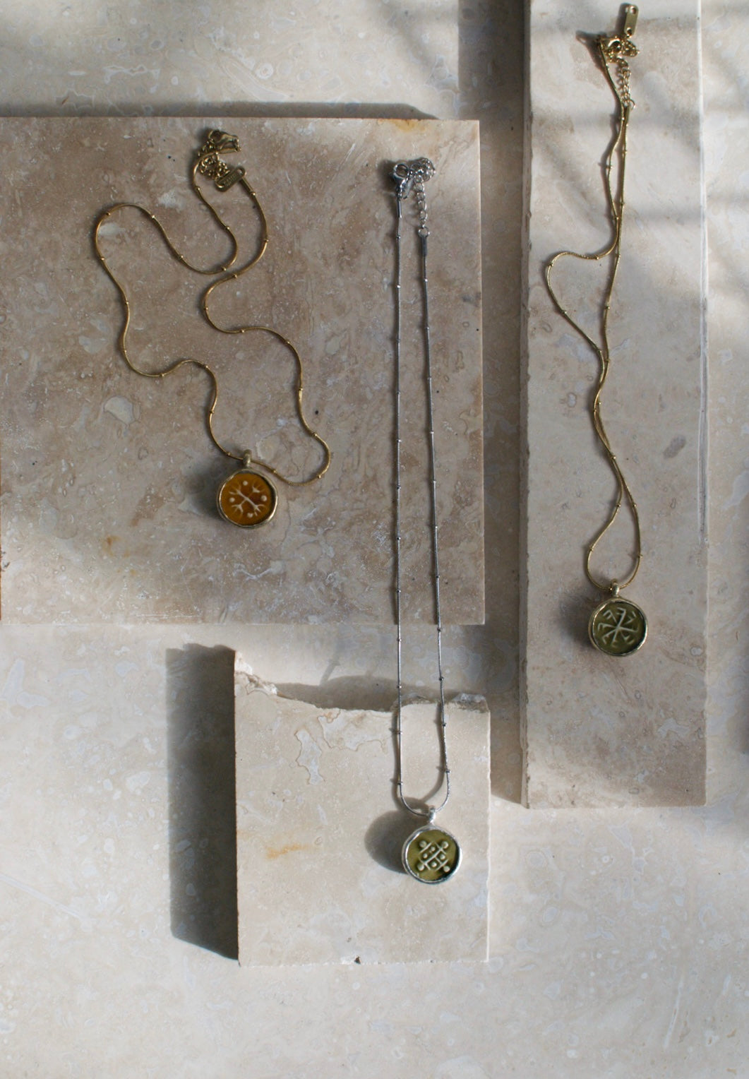 Solid Brass & Reclaimed Amber Glazed Vintage Stoneware ‘Totem Wheel’ Necklace On 14k Gold Plated Chain