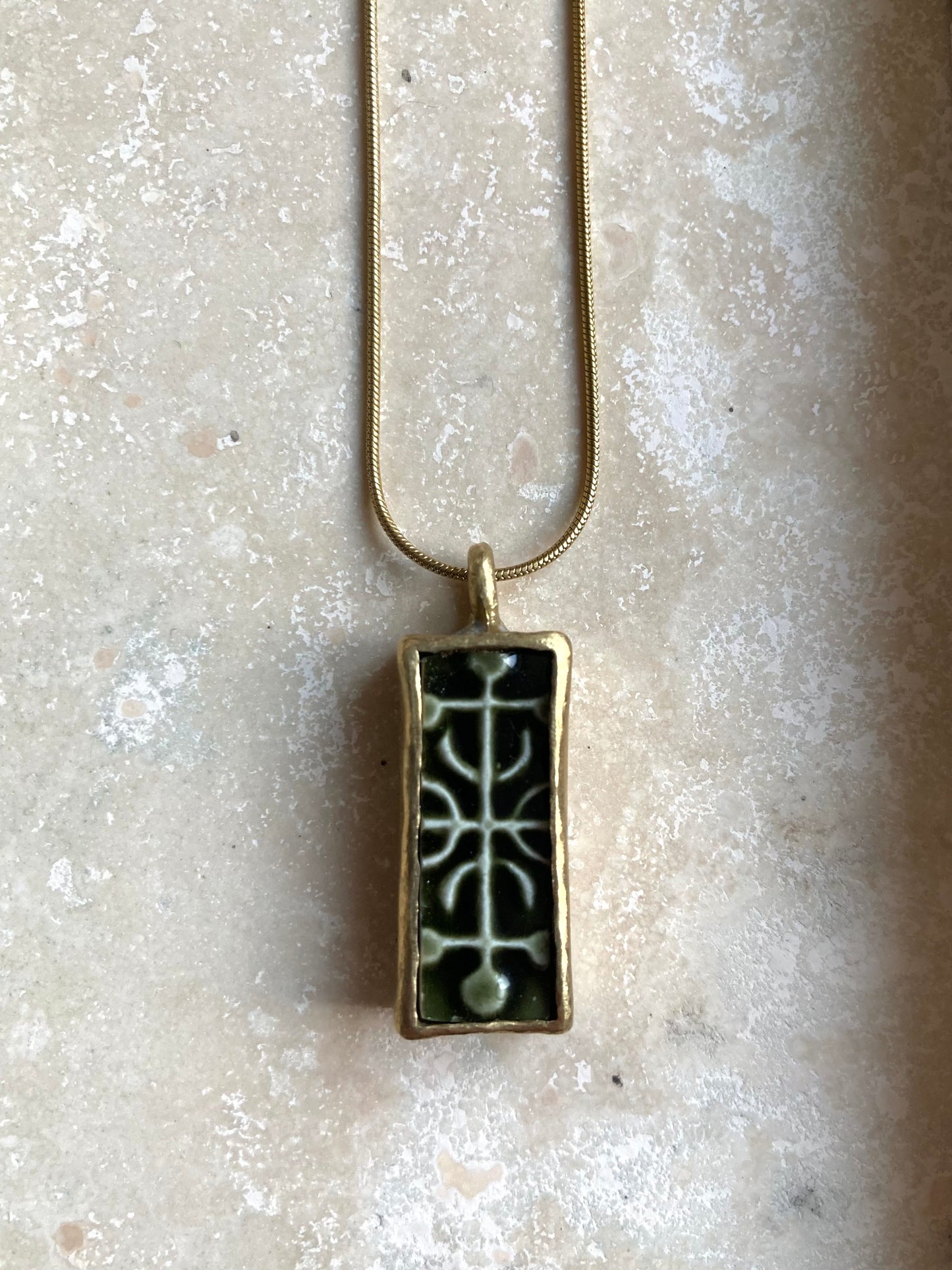 Solid Brass & Reclaimed Dark Green Glazed Vintage Stoneware ‘Cypher Drop’ Necklace On 14k Gold Plated Chain