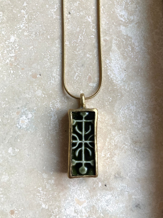 Solid Brass & Reclaimed Dark Green Glazed Vintage Stoneware ‘Cypher Drop’ Necklace On 14k Gold Plated Chain