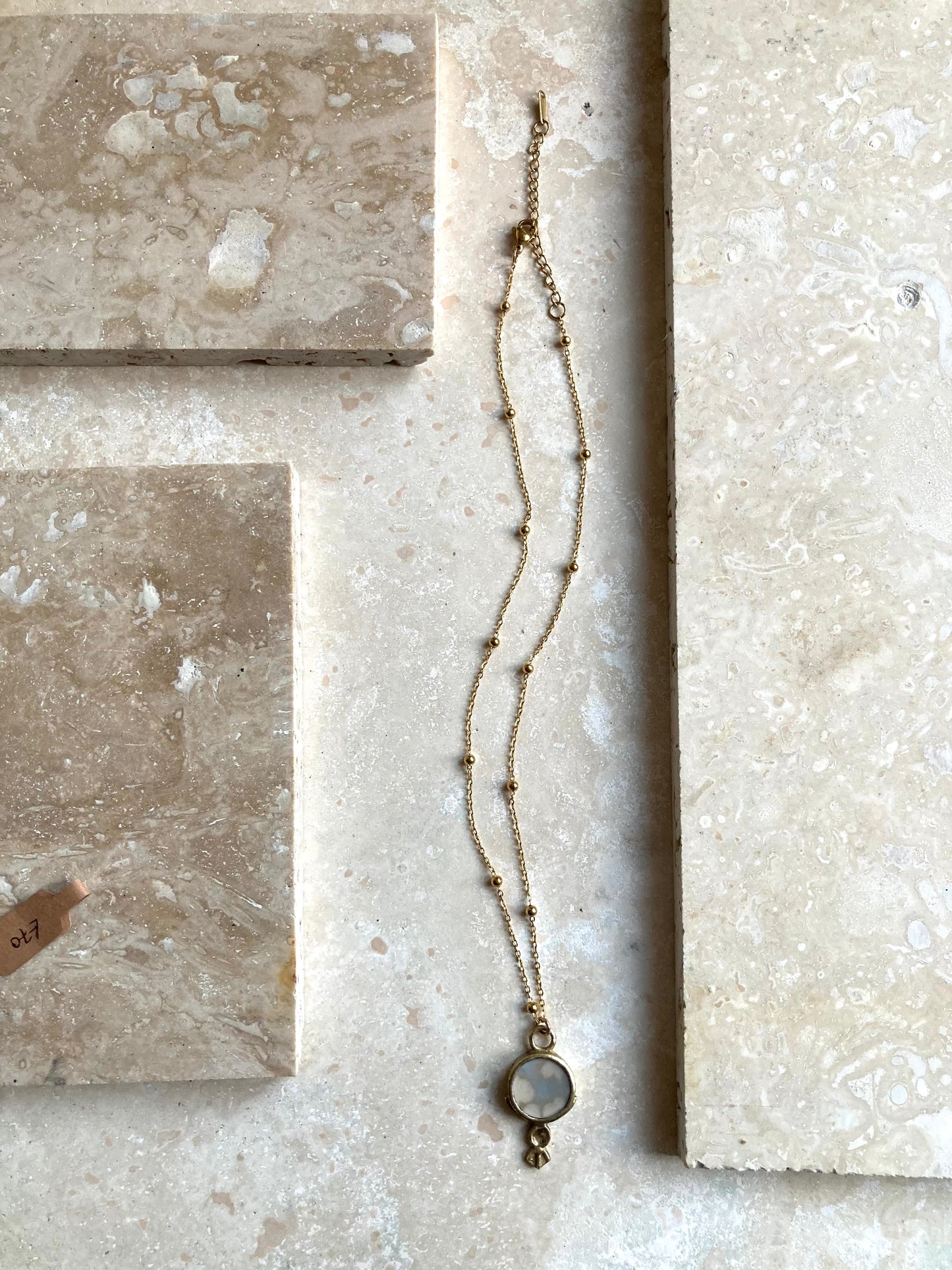 Solid Brass & Reclaimed Cloudy Blue & White Vintage Hornsea ‘Cirrus’ Stoneware Necklace On 14k Gold Plated Chain