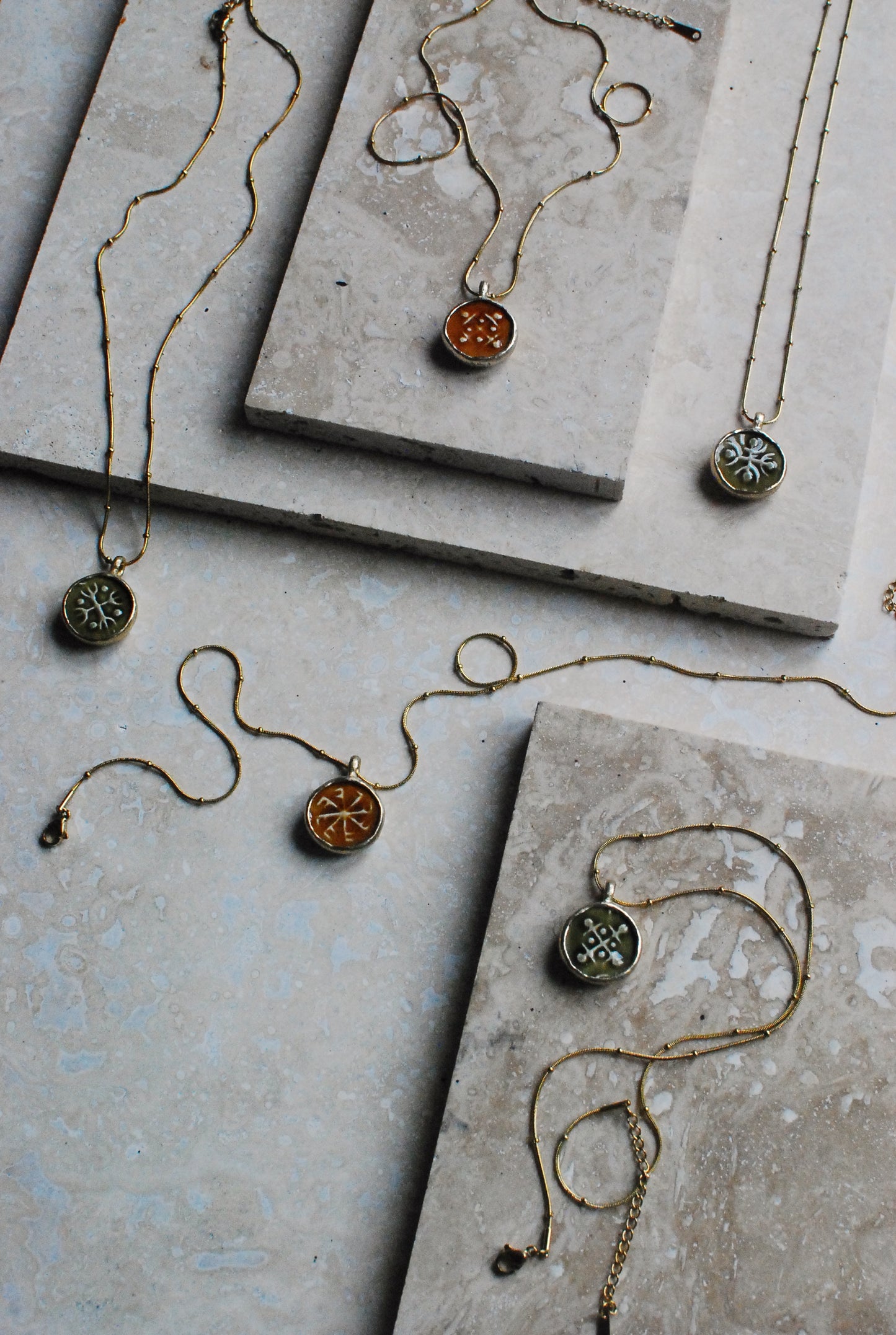 Solid Silver & Reclaimed Moss Green Glazed Vintage Stoneware ‘Totem Wheel’ Necklace On Waterproof Stainless Steel Chain