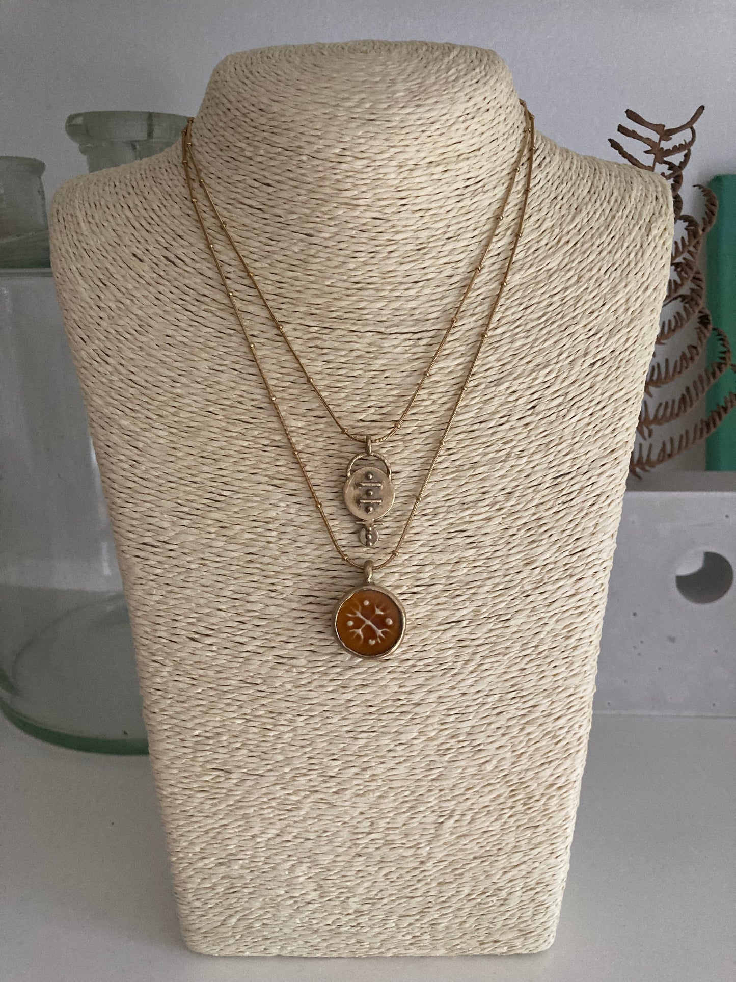 Solid Brass & Reclaimed Amber Glazed Vintage Stoneware ‘Totem Wheel’ Necklace On 14k Gold Plated Chain