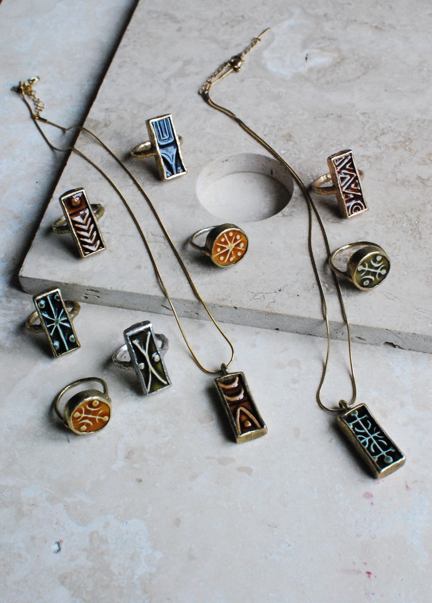 Solid Brass & Amber Glazed Vintage Stoneware ‘Totem Wheel’ Ring