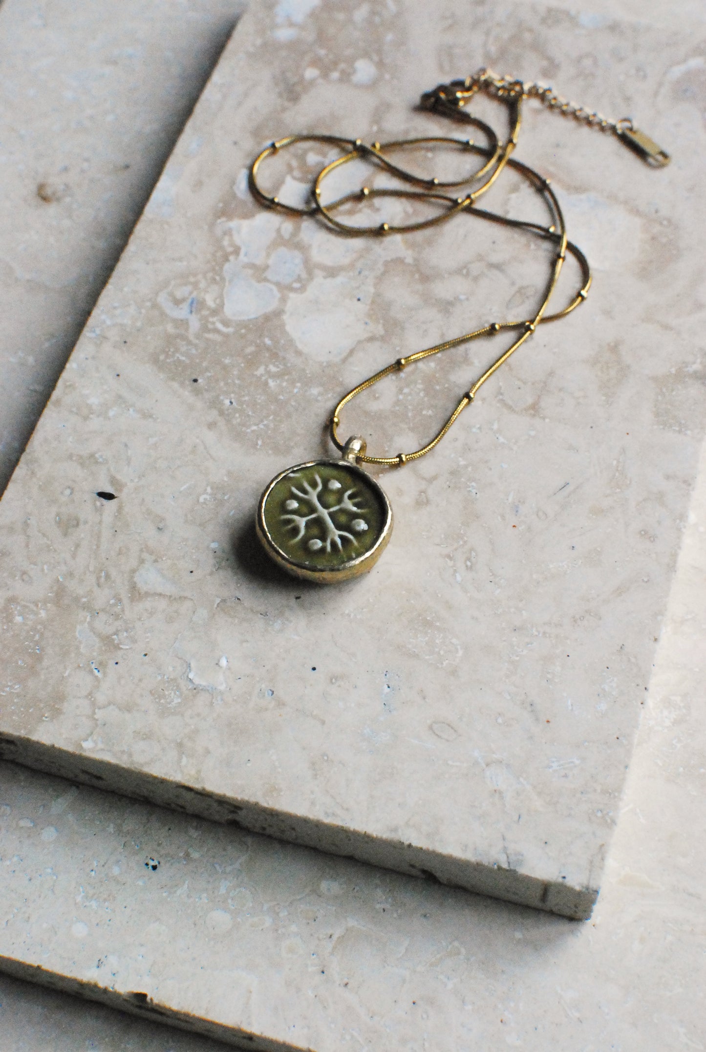 Moss Green Vintage Stoneware & Solid Brass ‘Totem Wheel’ Necklace On 14k Gold Plated Chain