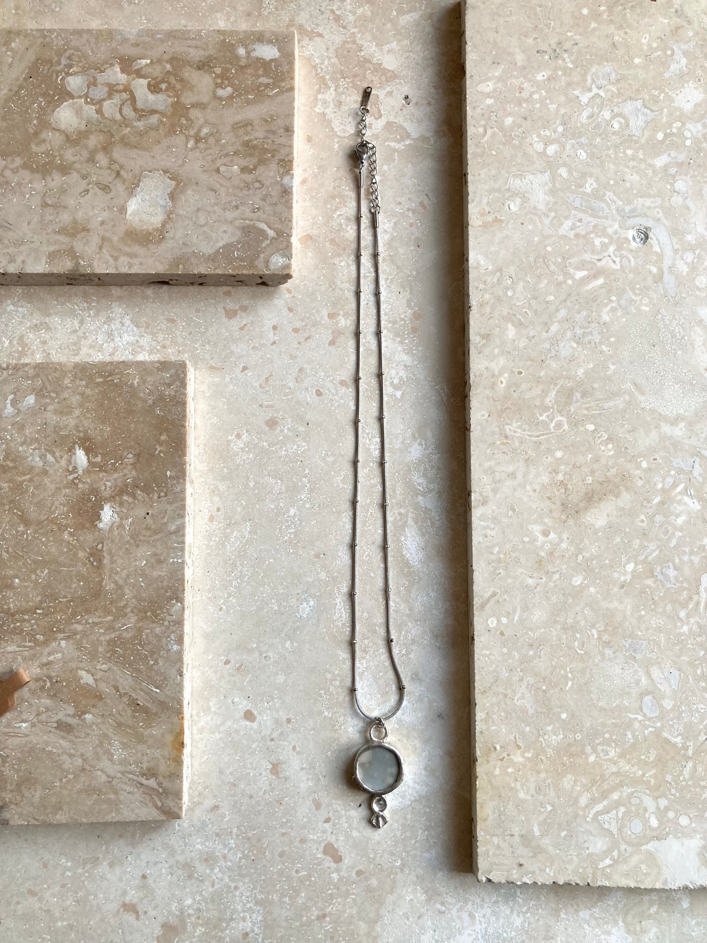 Solid Silver & Reclaimed Cloudy Blue & White Vintage Hornsea ‘Cirrus’ Stoneware Necklace On Waterproof Stainless Steel Chain.